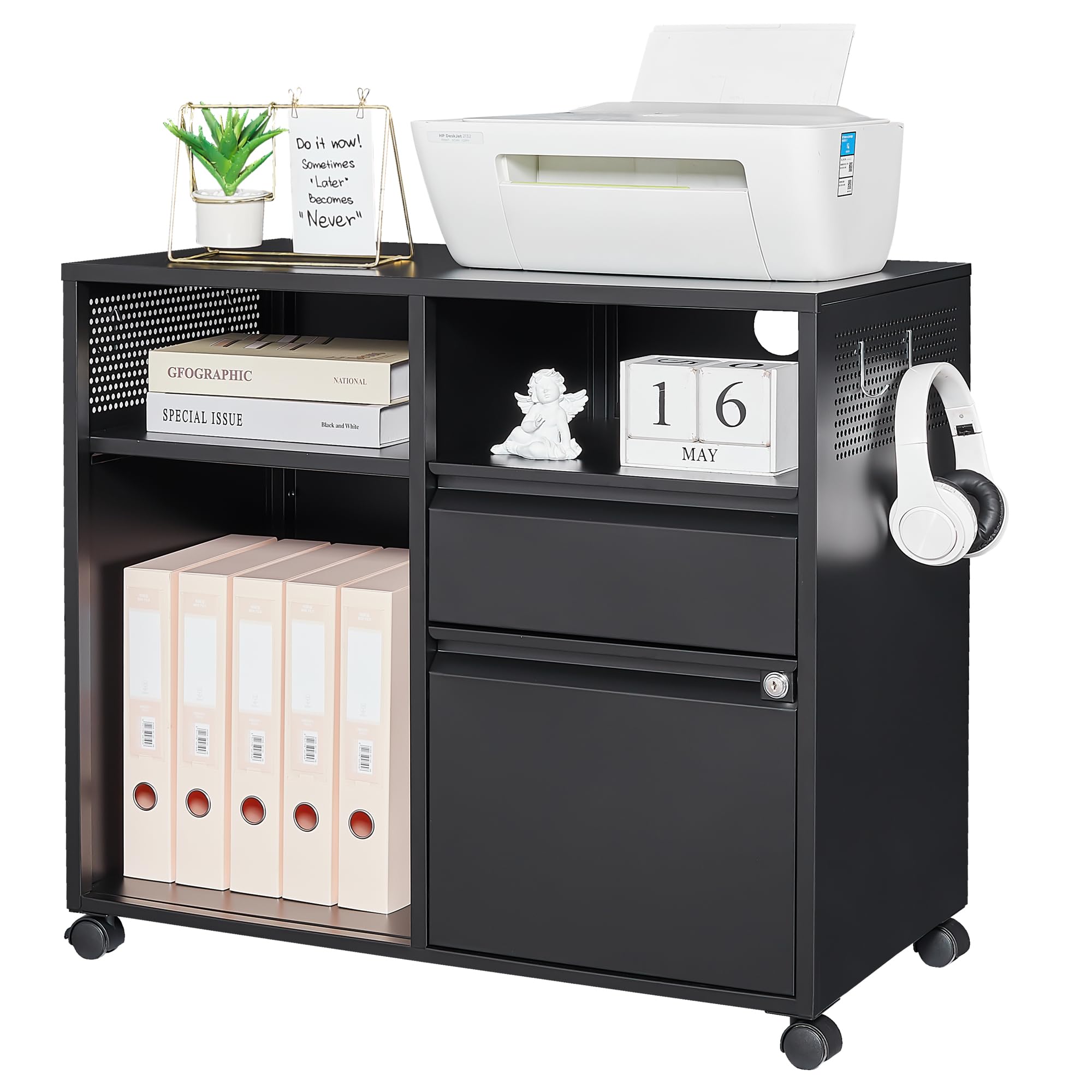 Letaya Mobile File Cabinet - Metal Lateral Rolling Printer Stand with Shelves for Home Office Storage - Organize A4/F4/Letter Size Documents - Perfect for Office, Study Room or Home Workspace (Black)