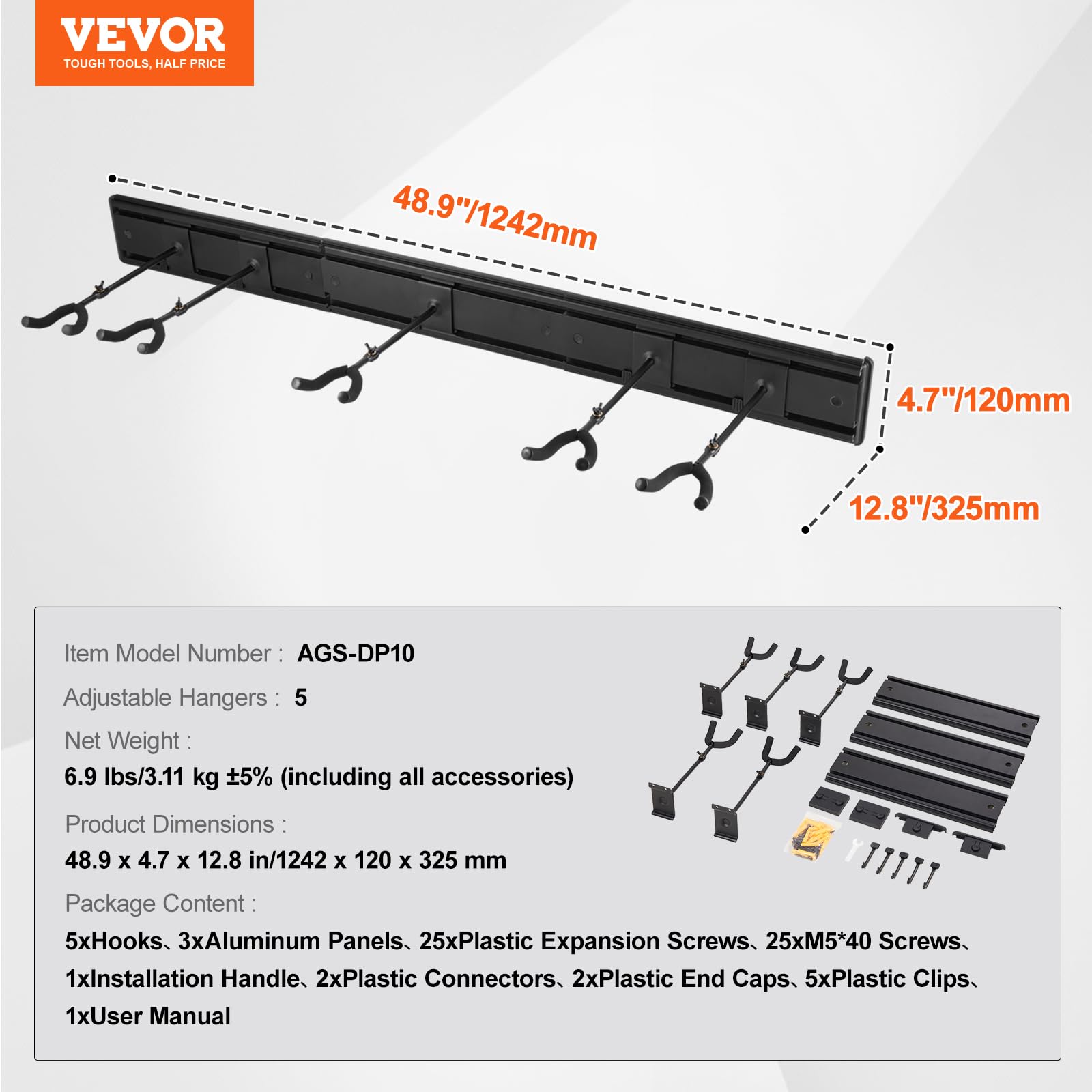 VEVOR 5-Guitar Wall Mount Hanger - Adjustable Aluminum Guitar Wall Rack Display Stand for Acoustic, Electric Guitar, Bass, Banjo & Mandolin | Space-Saving Guitar Storage & Organization for Home, Studio & Music Room