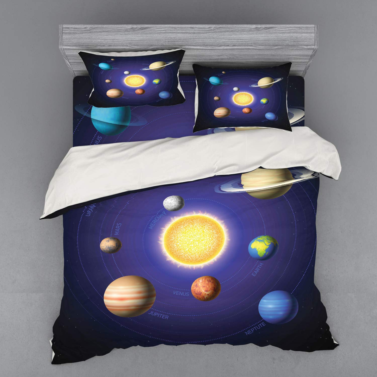 Ambesonne Space Duvet Cover Set - Solar System Planets & Sun Galaxy Print 4-Piece Bedding Set with Shams & Fitted Sheet, King Size, Multicolor | Perfect for Astronomy Lovers, Kids' Space Themed Rooms & Science Classroom Decor
