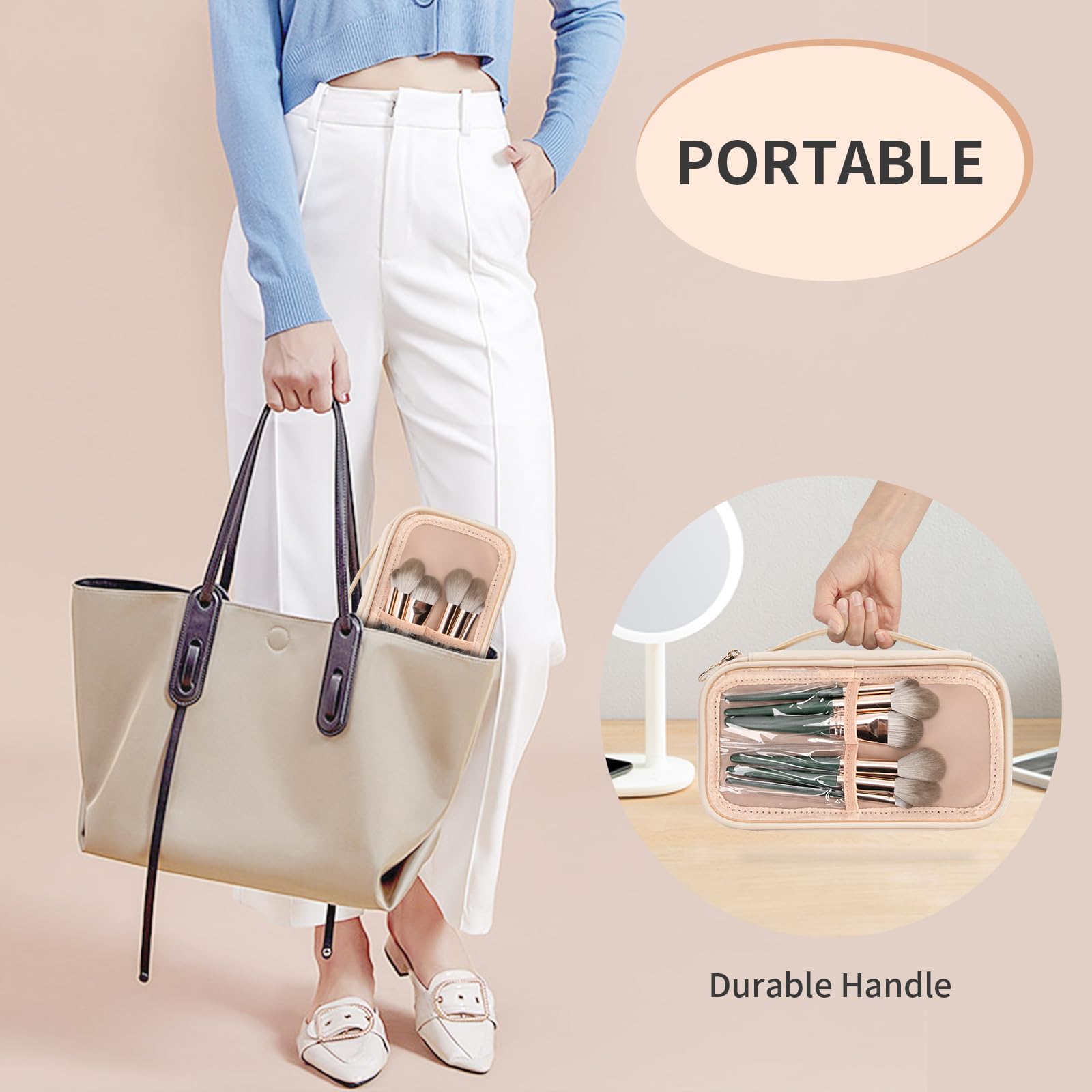 OCHEAL Clear Makeup Bag for Women - Waterproof Travel Cosmetic Organizer with Brush Compartment & Divider - Portable Cute Transparent Pouch for Makeup Storage | Perfect for Travel, Gym, Daily Use & Gift Giving