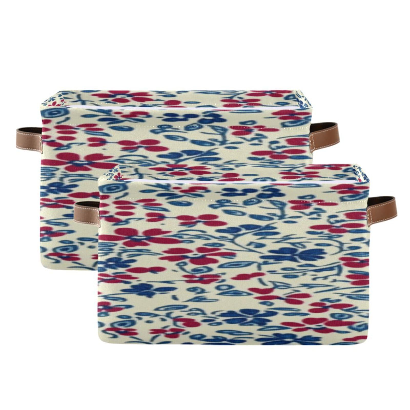 Large Foldable Storage Baskets with Handles - 2 Pack Creamy Red & Blue Floral Pattern - Closet Organizers, Shelf Bins for Home Organization (Perfect for Bedroom, Bathroom & Kids Room Storage)