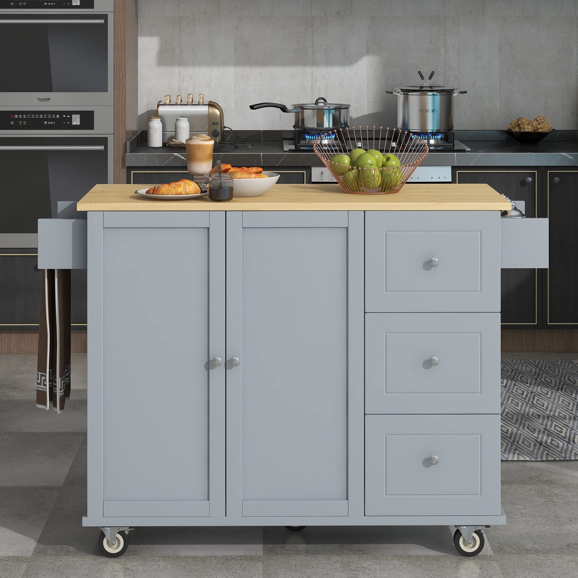 LERFAN Rolling Kitchen Island Cart with Wood Tabletop, Drop Leaf, Towel Rack, 3 Drawers & Double Doors - Mobile Storage Cabinet for Small Spaces, Dining Room, Apartment Kitchen Organization