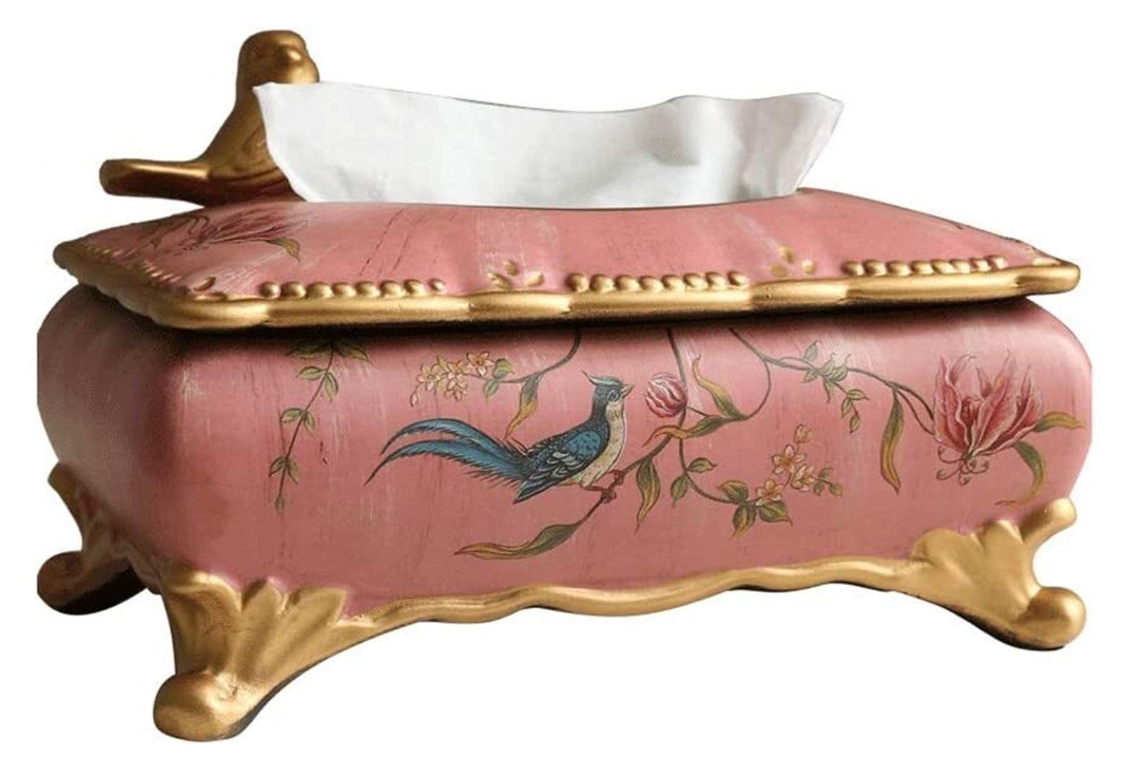 Pastoral Ceramic Tissue Box Cover - Hand-Carved Vintage Bird Design Decorative Napkin Holder | Pink Home Decor for Bathroom, Living Room & Bedroom | Classic Household Tissue Dispenser