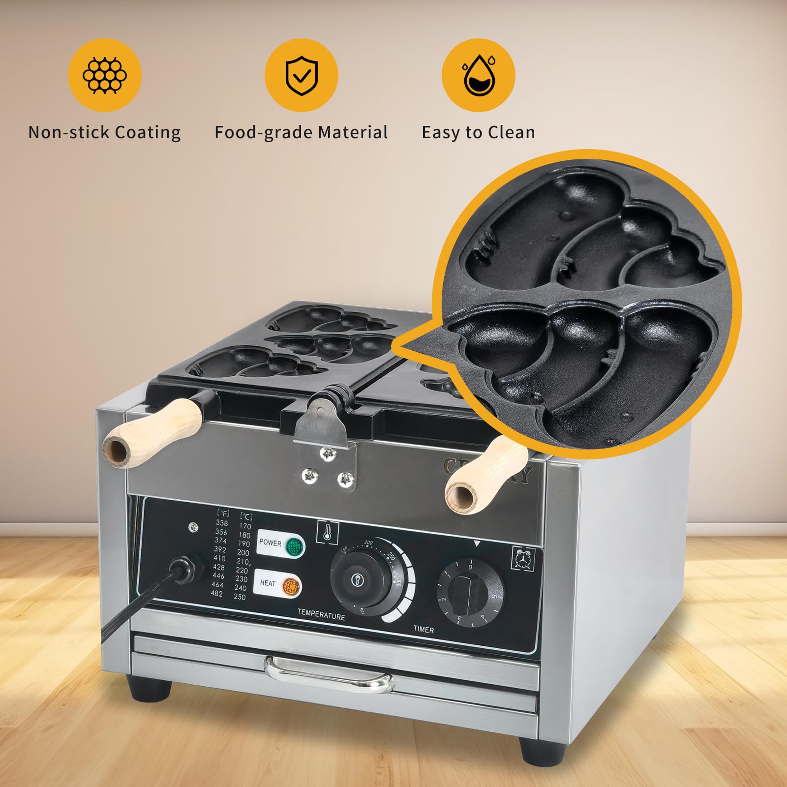 Poop Emoji Waffle Maker - 3 Fun Shape Molds, Stainless Steel Non-Stick Teflon Coating, Adjustable Temperature 122-572°F - Perfect for Kids Breakfast, Party Snacks & Funny Gifts
