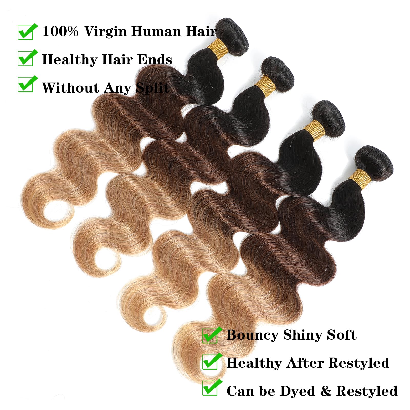 Kapelli 10A Ombre Brazilian Human Hair Bundles - Body Wave Virgin Remy Hair Extensions (T1B/4/27, 24 26 28 28) | 3-Tone Color Blend for Natural Look | Perfect for Daily Wear, Styling & Special Occasions