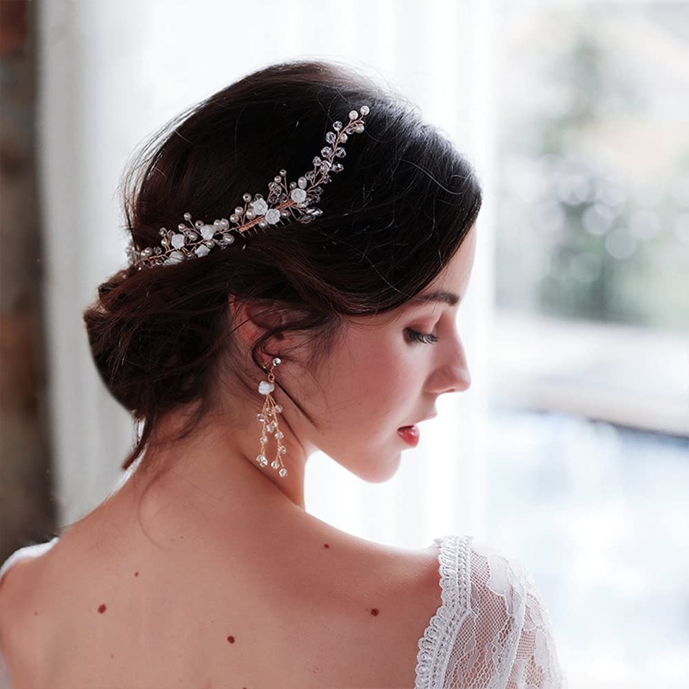 Handmade Crystal Pearls Ceramic Flower Bridal Hair Comb - Elegant Wedding Headband & Tiara for Women - Perfect for Bridal Showers, Weddings, and Formal Events