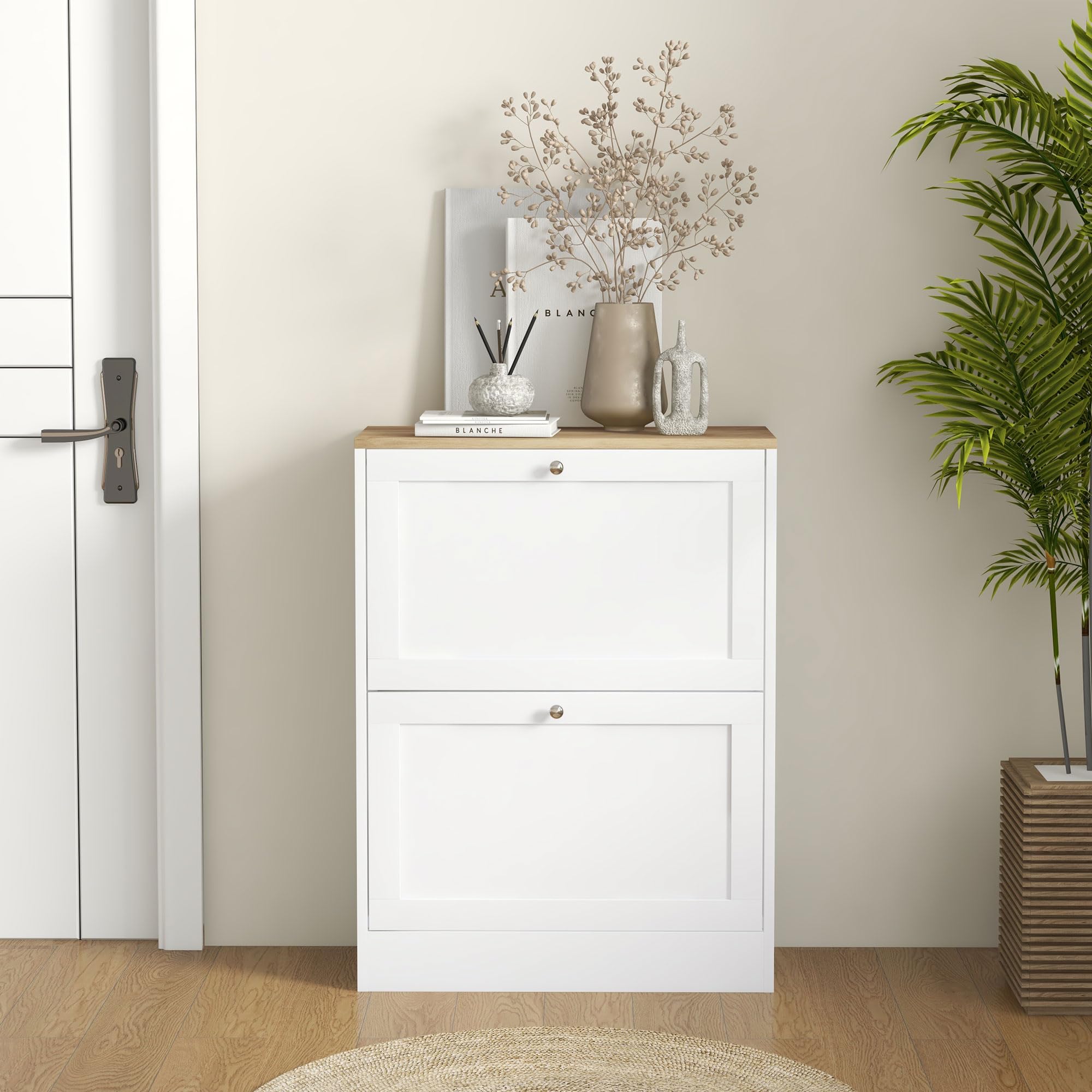 HOMCOM Modern Slim Shoe Storage Cabinet with 2 Flip Drawers & Adjustable Shelves - Holds 12 Pairs of Shoes - White Entryway Organizer for Hallway, Bedroom or Closet Space Saving Solution