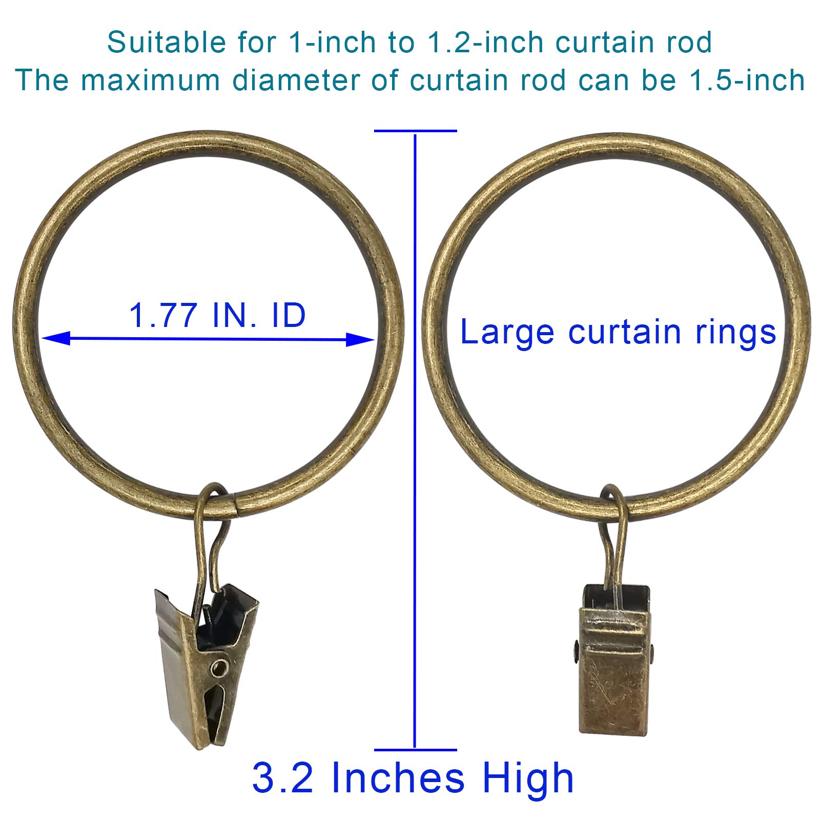 20 Pack Bronze Curtain Rings with Clips - 1.77 Inch Inner Diameter Drapery Hooks for Hanging Drapes, Bows & Hats - Fits Up to 1.5 Inch Curtain Rods - Perfect for Living Room, Bedroom & Window Decor