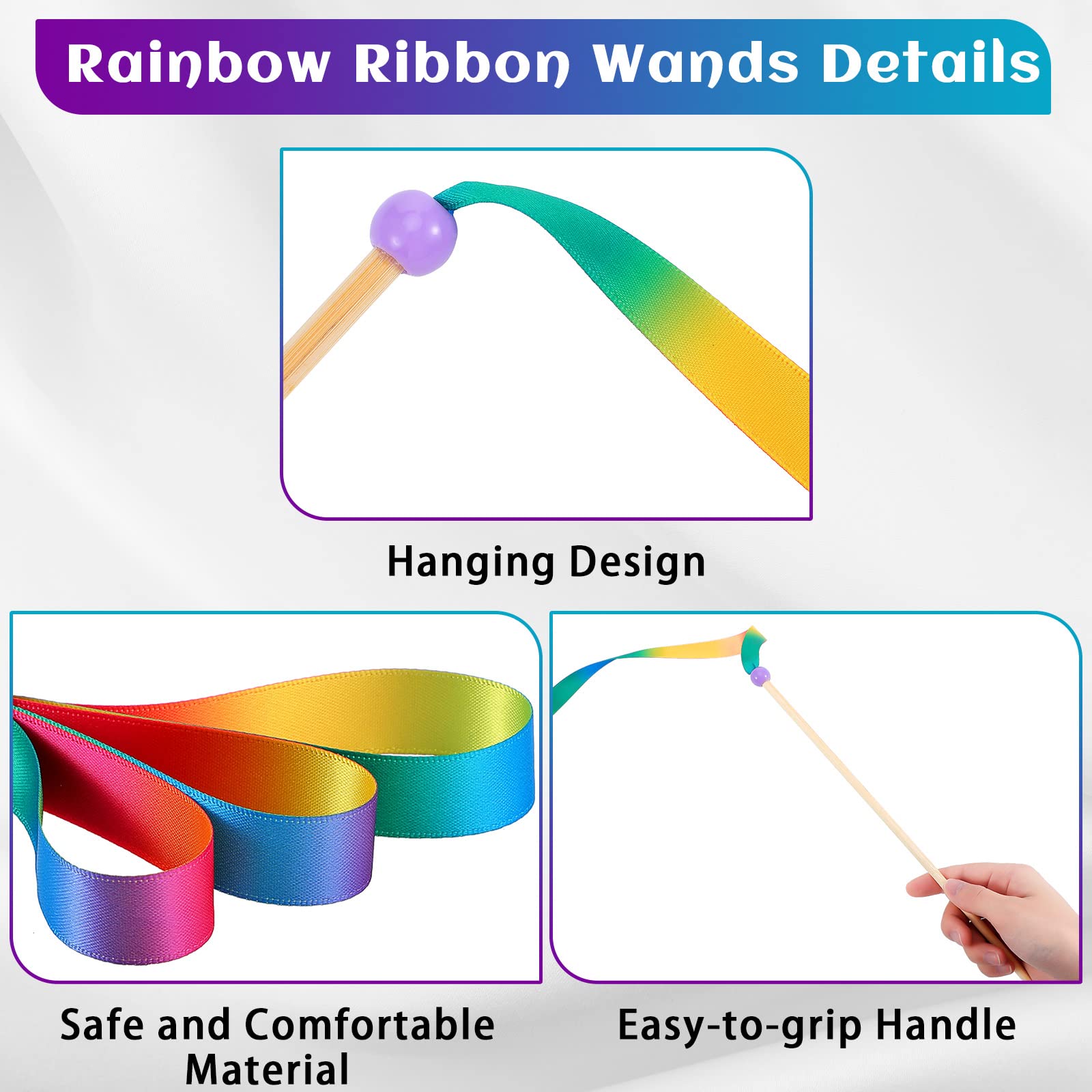 2 Pcs 8ft Rainbow Silk Streamer Ribbon Stick - Gymnastics Dance Wand for Kids, Artistic Performance, Gym Training, Circus Baton Twirling - Perfect for Dance Recitals, Birthday Parties & Outdoor Play