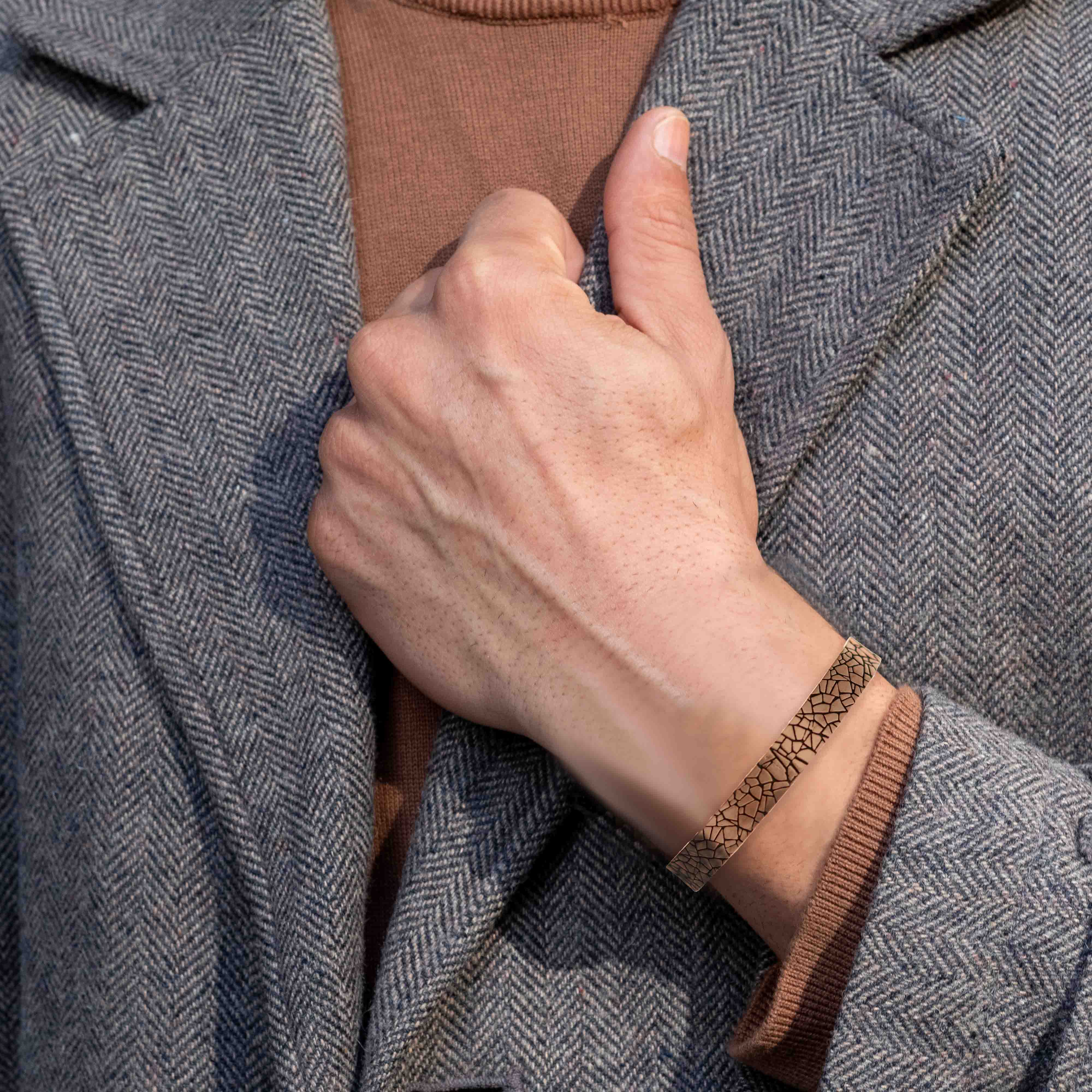Men's Embossed Mosaic Solid Copper Cuff Bracelet - 10mm Wide Handmade Bangle for Casual Wear & Gift Giving