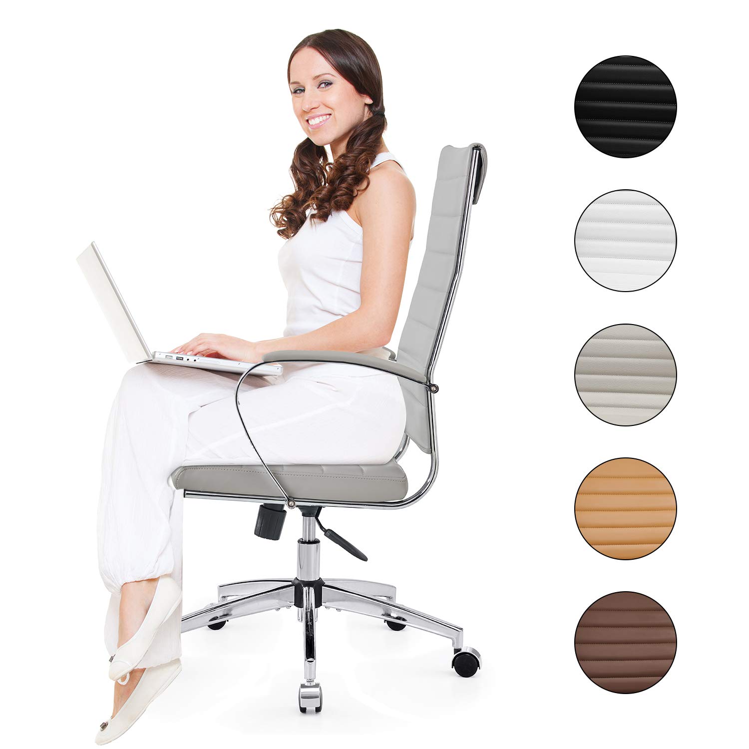 Ergonomic High Back Leather Office Chair with Wheels & Adjustable Arms - Modern Executive Desk Chair for Computer Work, Gaming & Home Office (Gray)
