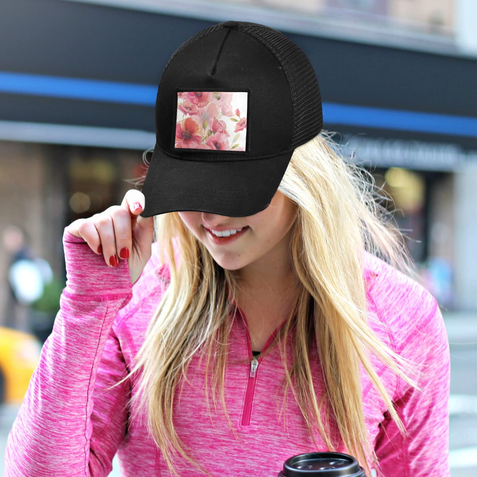 Poppy Watercolor Trucker Hat - Adjustable Snapback Baseball Cap for Men & Women | Breathable Mesh, Black | Perfect for Outdoor, Hiking & Casual Wear