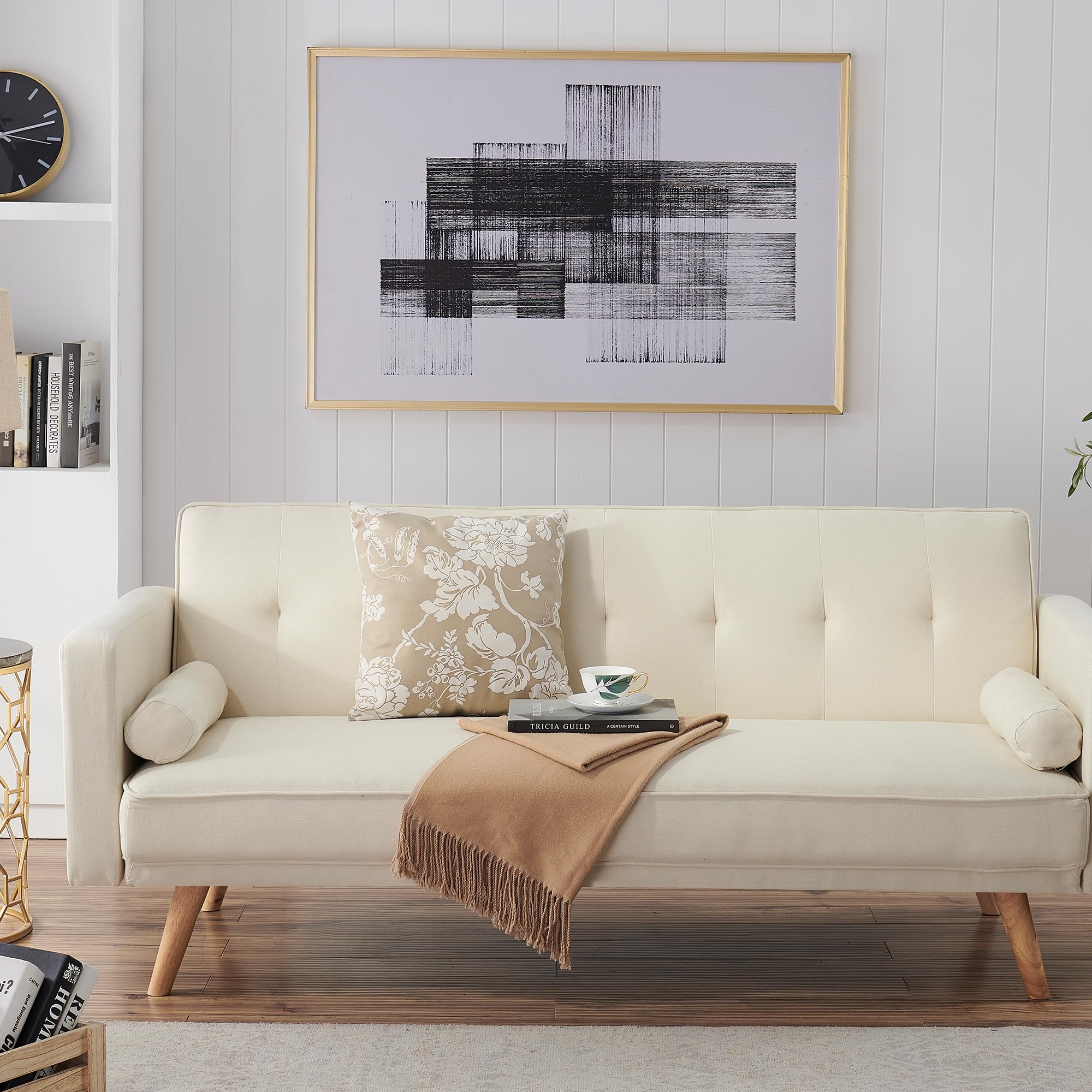 ERYE Modern Convertible Futon Bed - Adjustable Upholstered Loveseat Sofa Bed with Reversible Recliner, Foldable Twin Size Daybed in Beige Linen (Includes 2 Pillows) - Perfect for Small Apartments, Guest Rooms & Home Offices