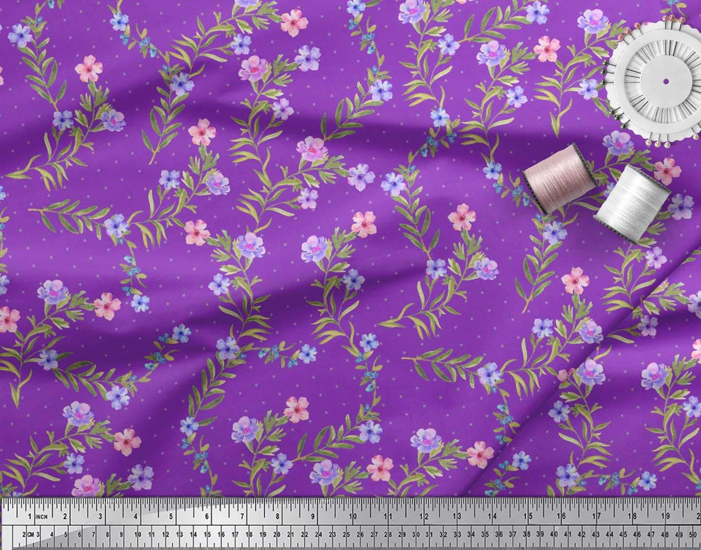 Soimoi 52 Inch Wide Purple Polyester Crepe Fabric by The Yard - Floral, Dot & Leaves Printed Design for Dresses, Scarves & DIY Crafts - Lightweight & Wrinkle-Resistant for Fashion Sewing & Home Decor Projects