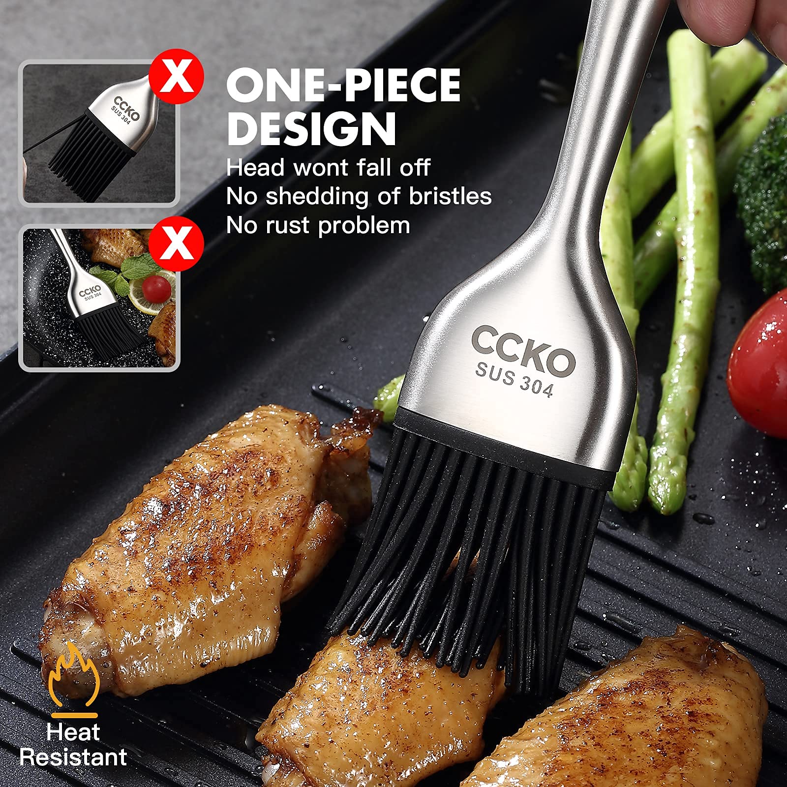 CCKO Heat-Resistant Silicone Basting Brush with Stainless Steel Core - Perfect for BBQ, Grilling, Baking, Frying & Pastry - Dishwasher Safe & Durable Kitchen Tool (Red) - Ideal for Outdoor Cooking, Backyard Parties & Home Kitchen Use