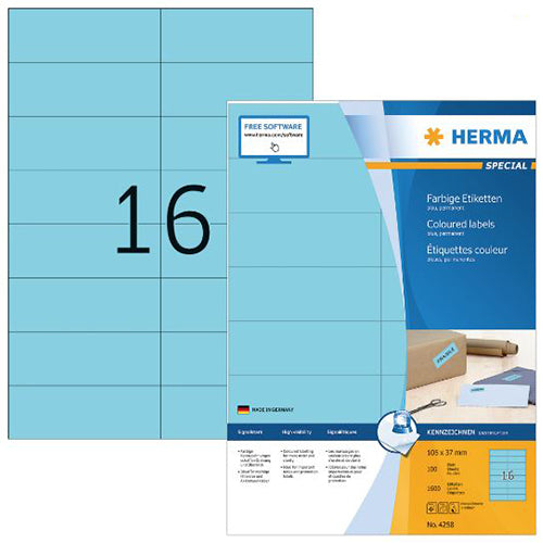 Colored A4 Labels 105 x 37 mm - Permanent Adhesive Blue Stickers for Office Filing, Shipping & Organization (4258)