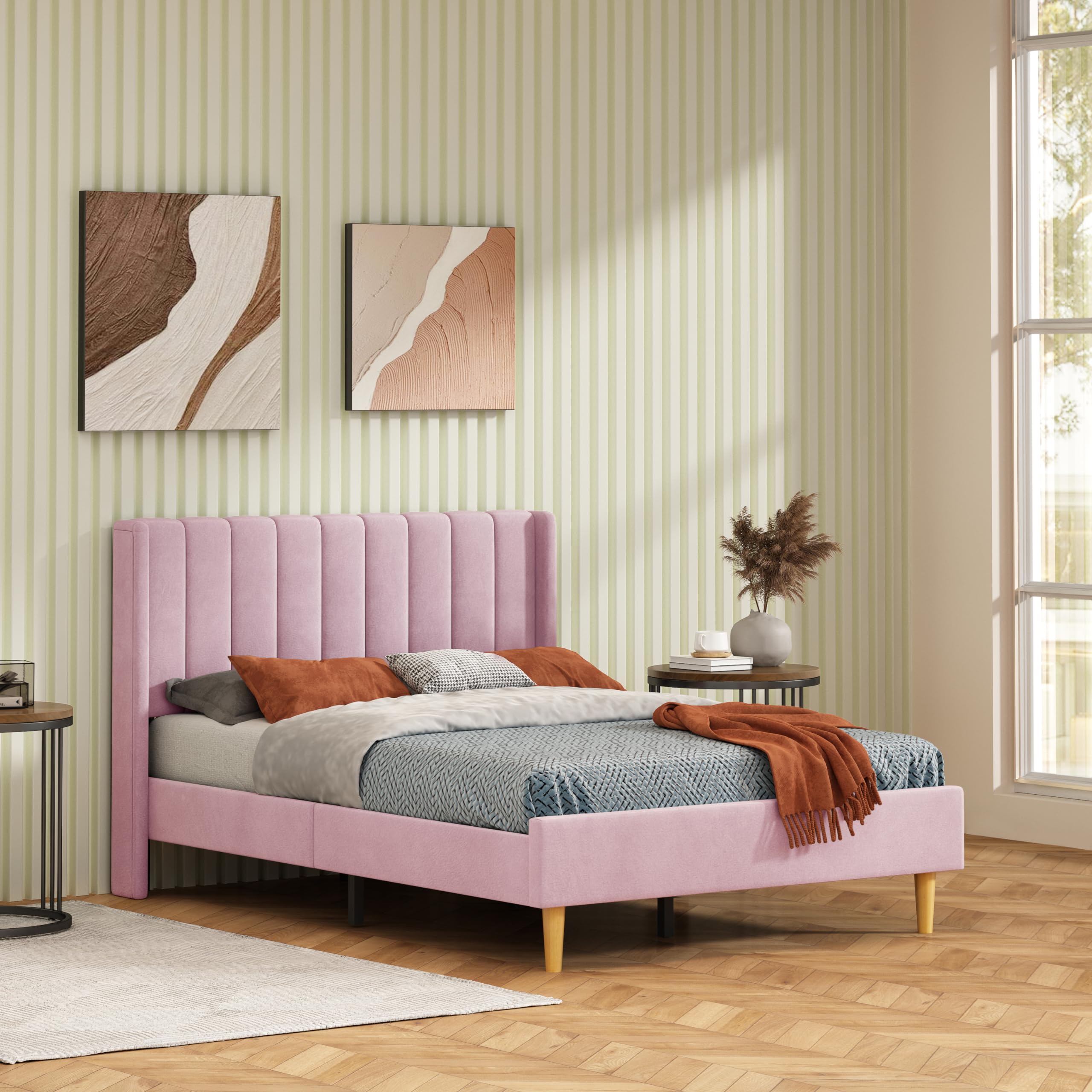 Pink Upholstered Platform Bed Frame - Full Size, No Box Spring Needed for Bedroom