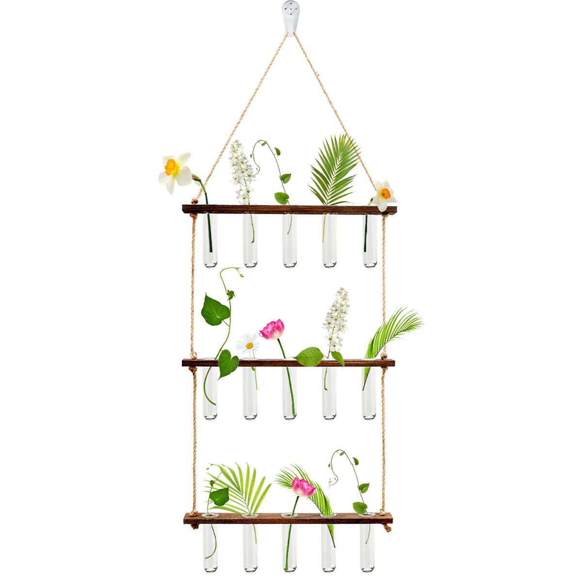 3-Tier Wall Hanging Planter Terrarium with 15 Clear Test Tubes & Wooden Stand - Retro Glass Flower Vases for Hydroponic Plants, Propagation, and Flower Cuttings - Perfect for Home Decor, Office Plants, and Indoor Gardening Gifts