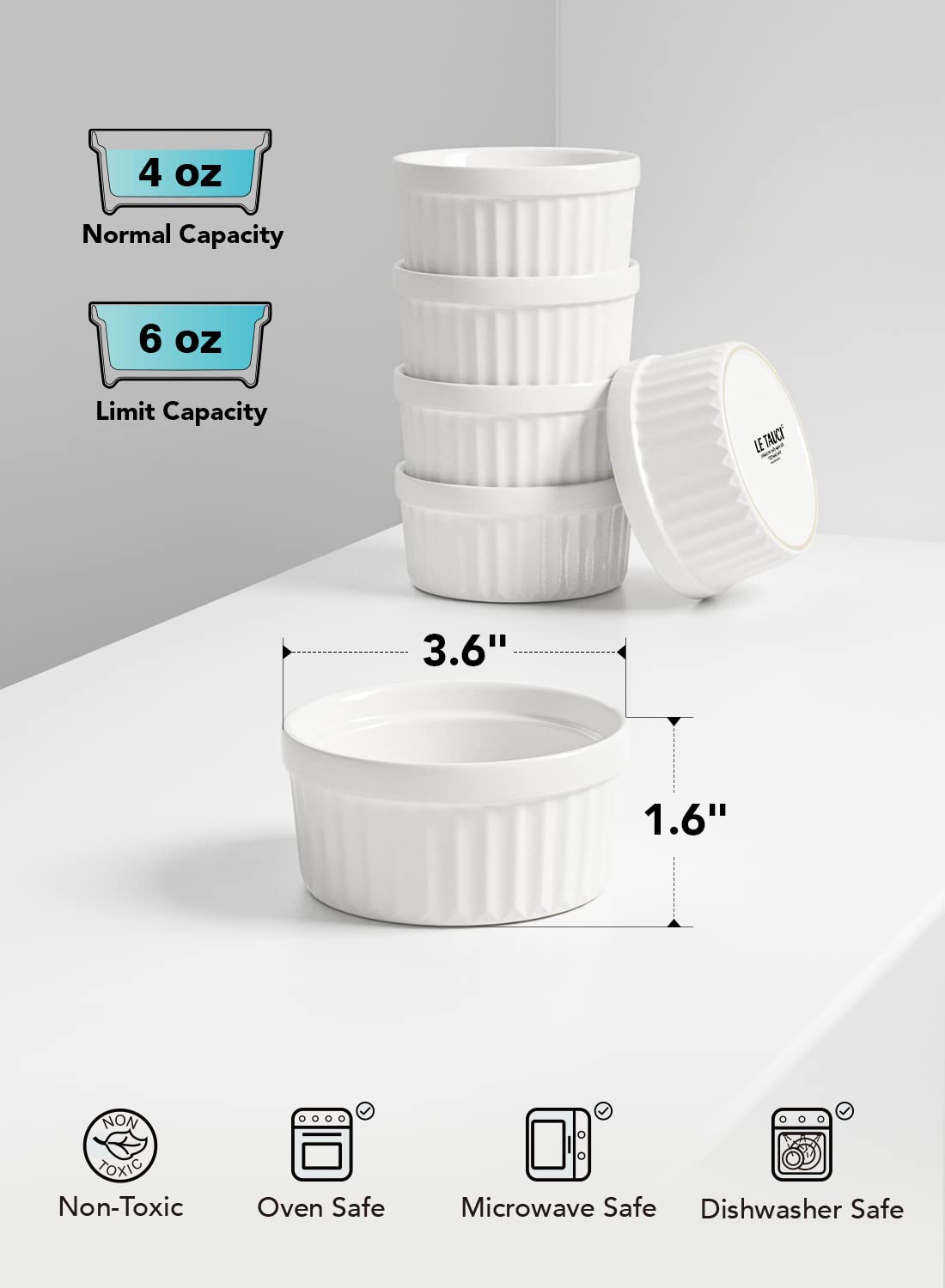 LE TAUCI 4 OZ Ceramic Ramekins Set of 6 - Oven Safe Creme Brulee Cups, Souffle Dishes & Pudding Bowls - Perfect for Baking, Desserts & Dipping Sauces - White