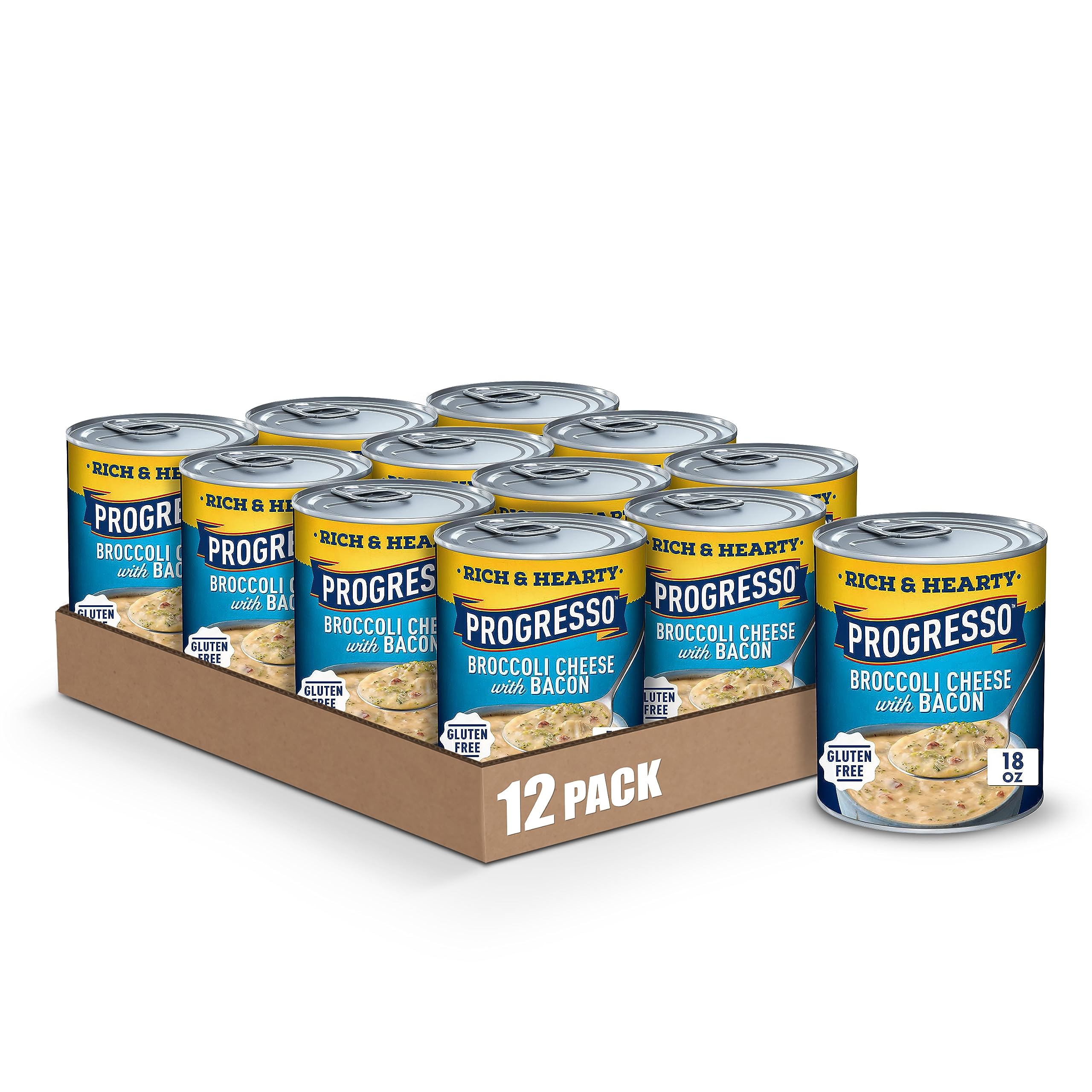 Progresso Gluten Free Broccoli Cheese Soup with Bacon - Rich & Hearty, 18 oz (Pack of 12) | Canned Soup for Quick Meals, Office Lunches & Emergency Food Supply