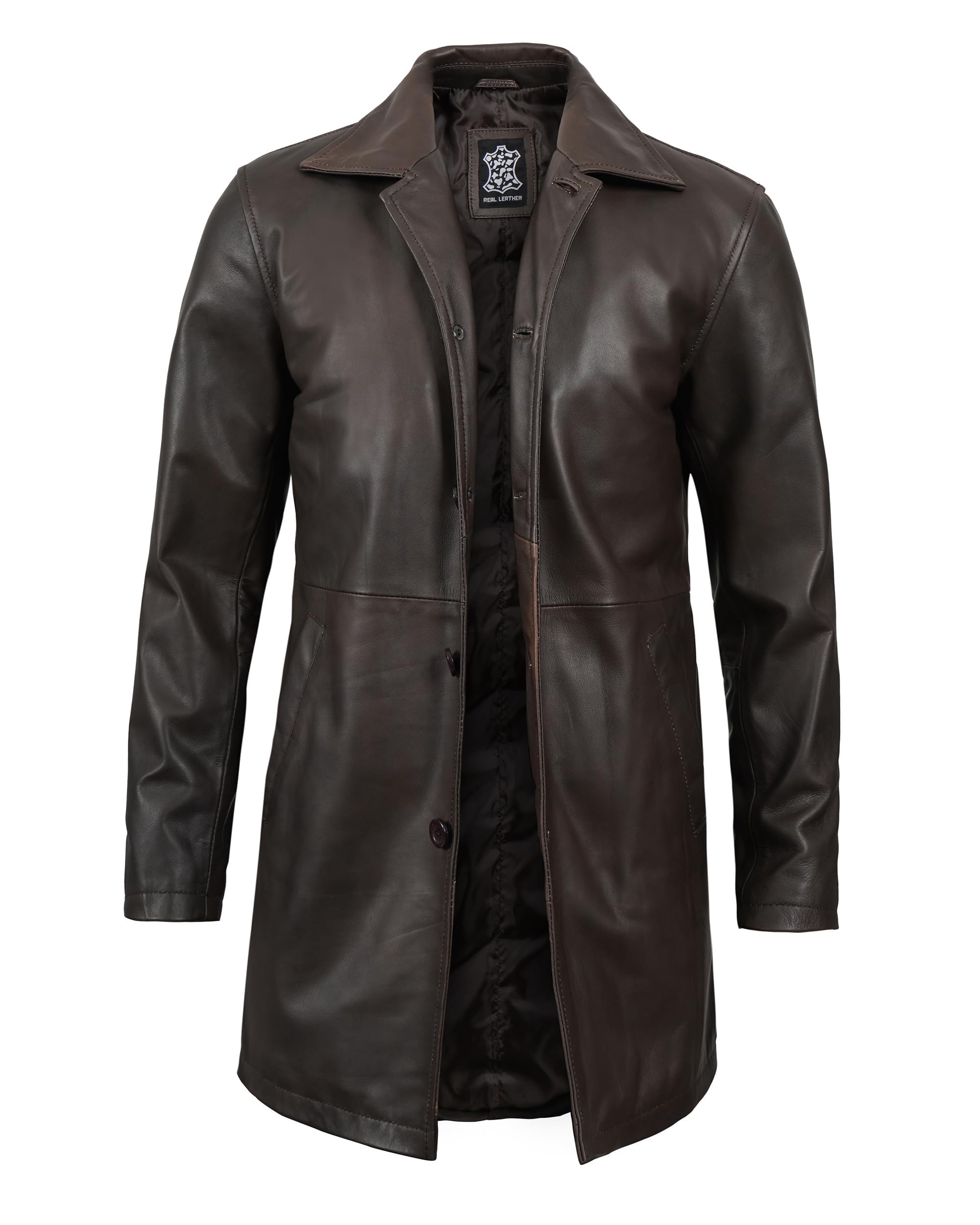 Decrum Genuine Leather Coat for Men - Classic Long Winter Carcoat Style Jacket | Warm & Stylish Outerwear for Casual, Office & Outdoor Activities