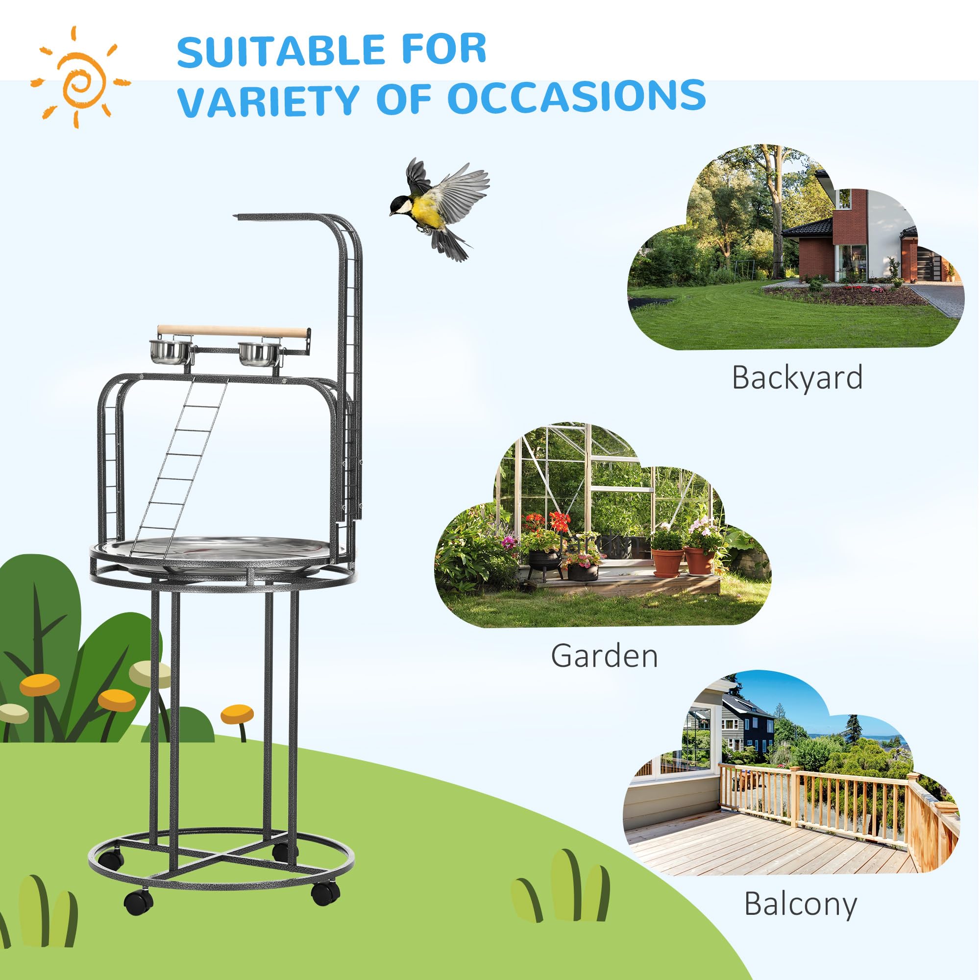 PawHut Large Parrot Stand with Toy Hook & 3 Ladders - Easy Grip Wooden Bird Perch for Macaws, Cockatoos, African Greys - Perfect for Playtime, Training & Cage-Free Time (Gray)