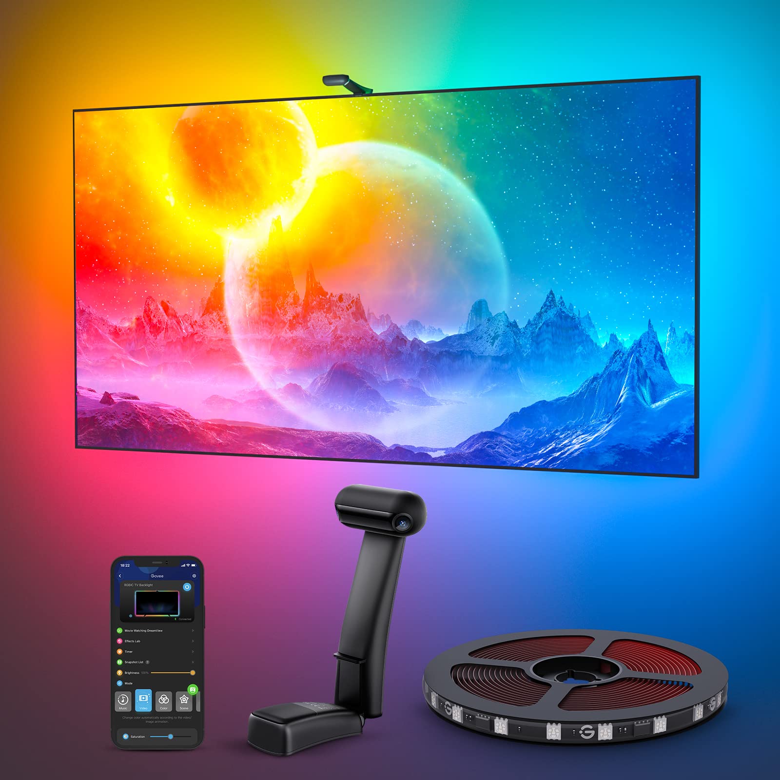 Govee Envisual T2 RGBIC Wi-Fi TV LED Backlight with Dual Cameras - 16.4ft Smart LED Strip Lights for 75-85 Inch TVs, App Control, Music Sync & Home Theater Decor - Perfect for Movie Nights & Gaming Setup