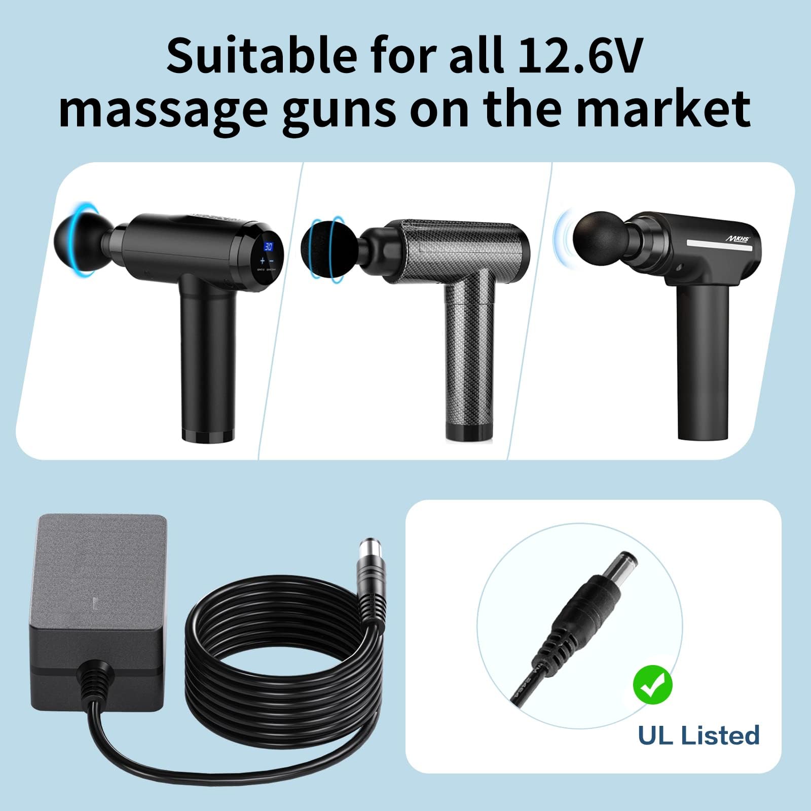 MKHS 12.6V/0.5A Massage Gun Charger - 0.7m/27.5inch Power Cord with Switch Adapter for Deep Tissue Muscle Recovery - Perfect for Home Gym, Physical Therapy & Sports Recovery