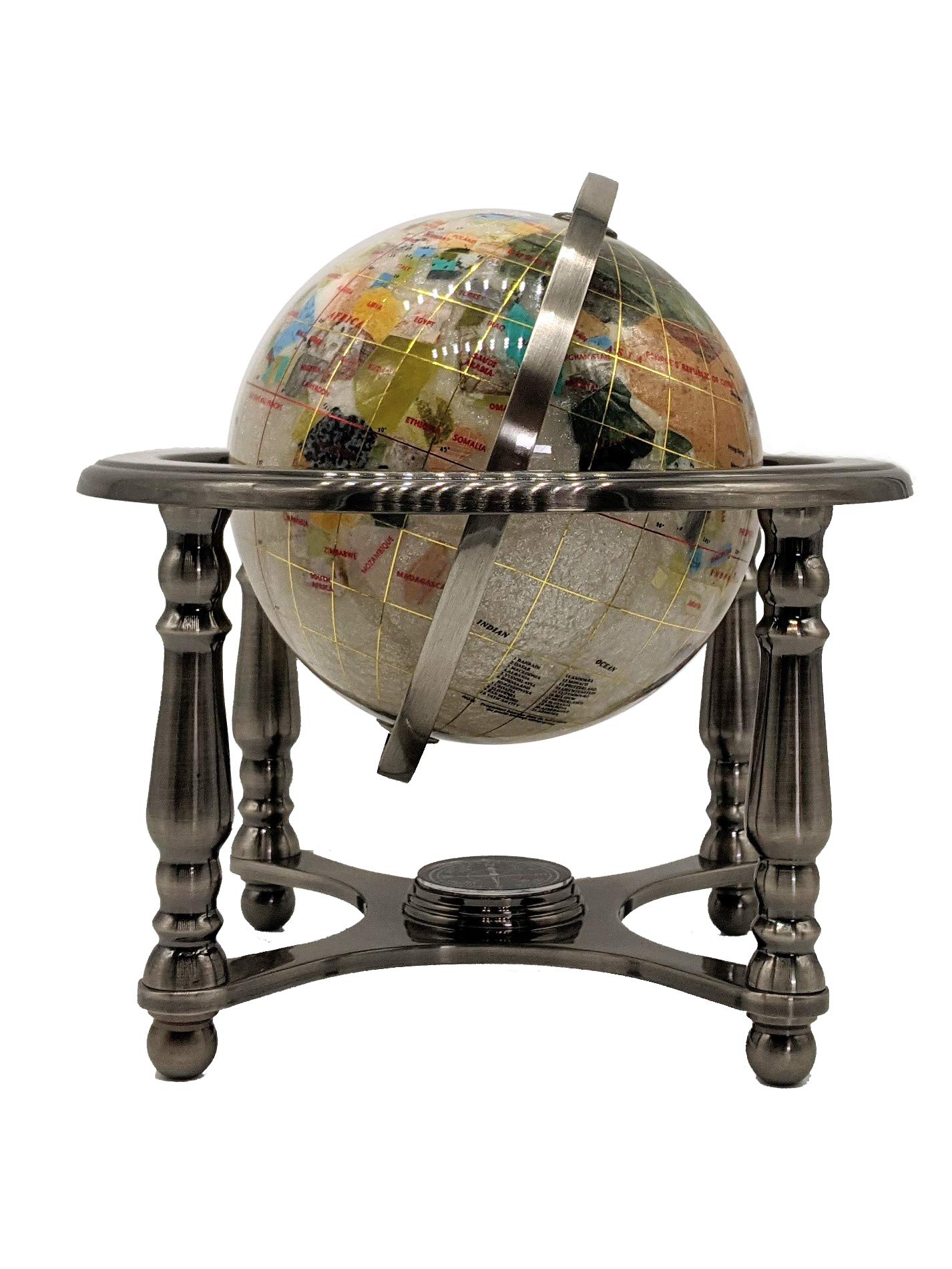 10-Inch Pearl Swirl Ocean Gemstone World Globe with Silver Stand - Unique Art Decor for Home, Office & Gift Giving