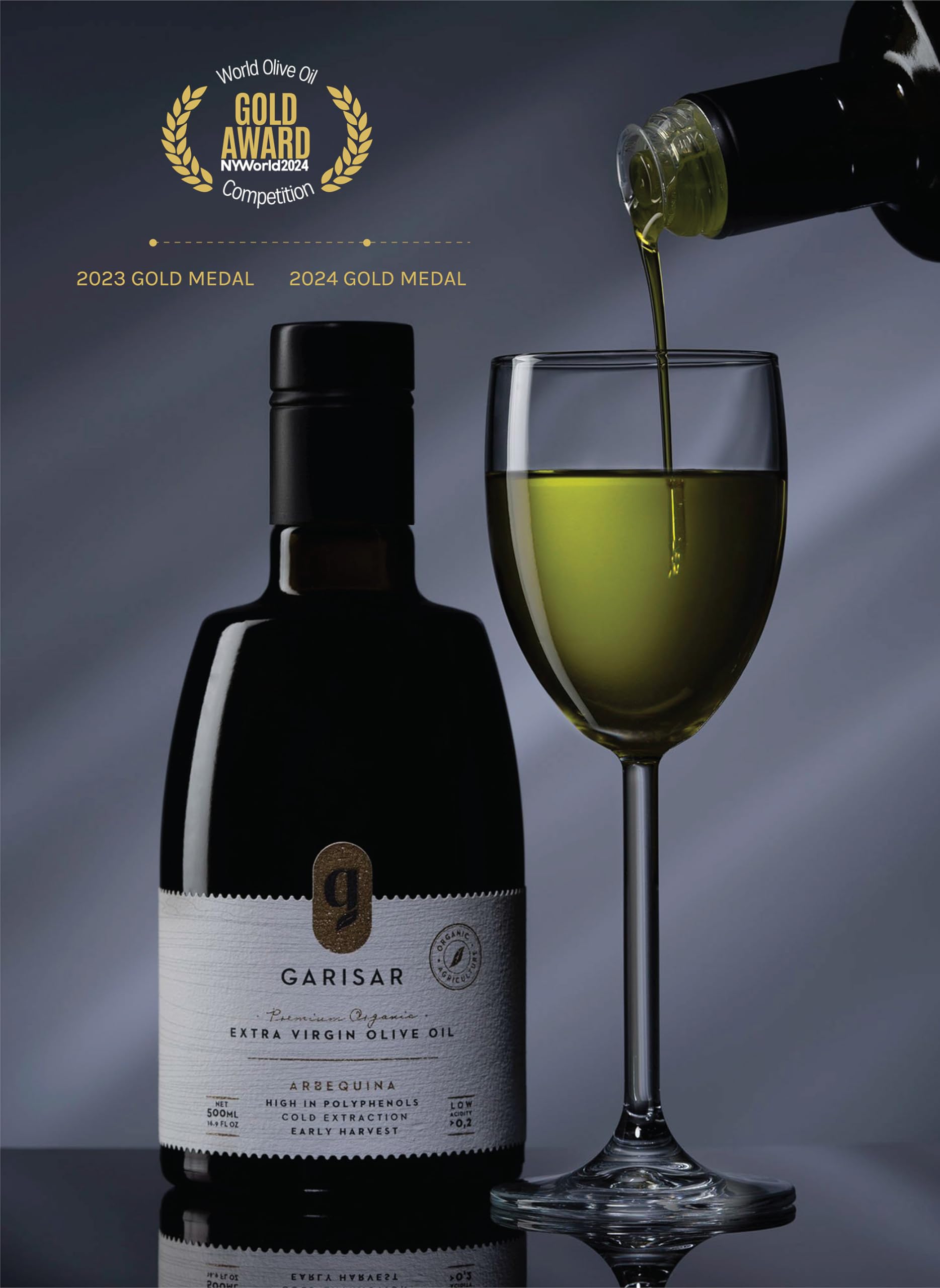 Premium Extra Virgin Olive Oil - High Polyphenol (>600 ppm), Low Acidity (0.2%), Cold Pressed, 100% Arbequina, Organic, Hand-Picked, NYIOOC 2024 Gold Medal Winner - 2 Pack - Perfect for Salads, Cooking & Healthy Diets