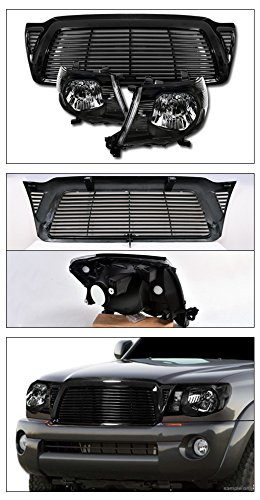 Black Crystal Clear Headlights + Glossy Black Horizontal Front Bumper Grille Guard ABS Compatible with 2005-2011 Toyota Tacoma - Upgrade Your Truck's Style & Protection for Off-Road Adventures