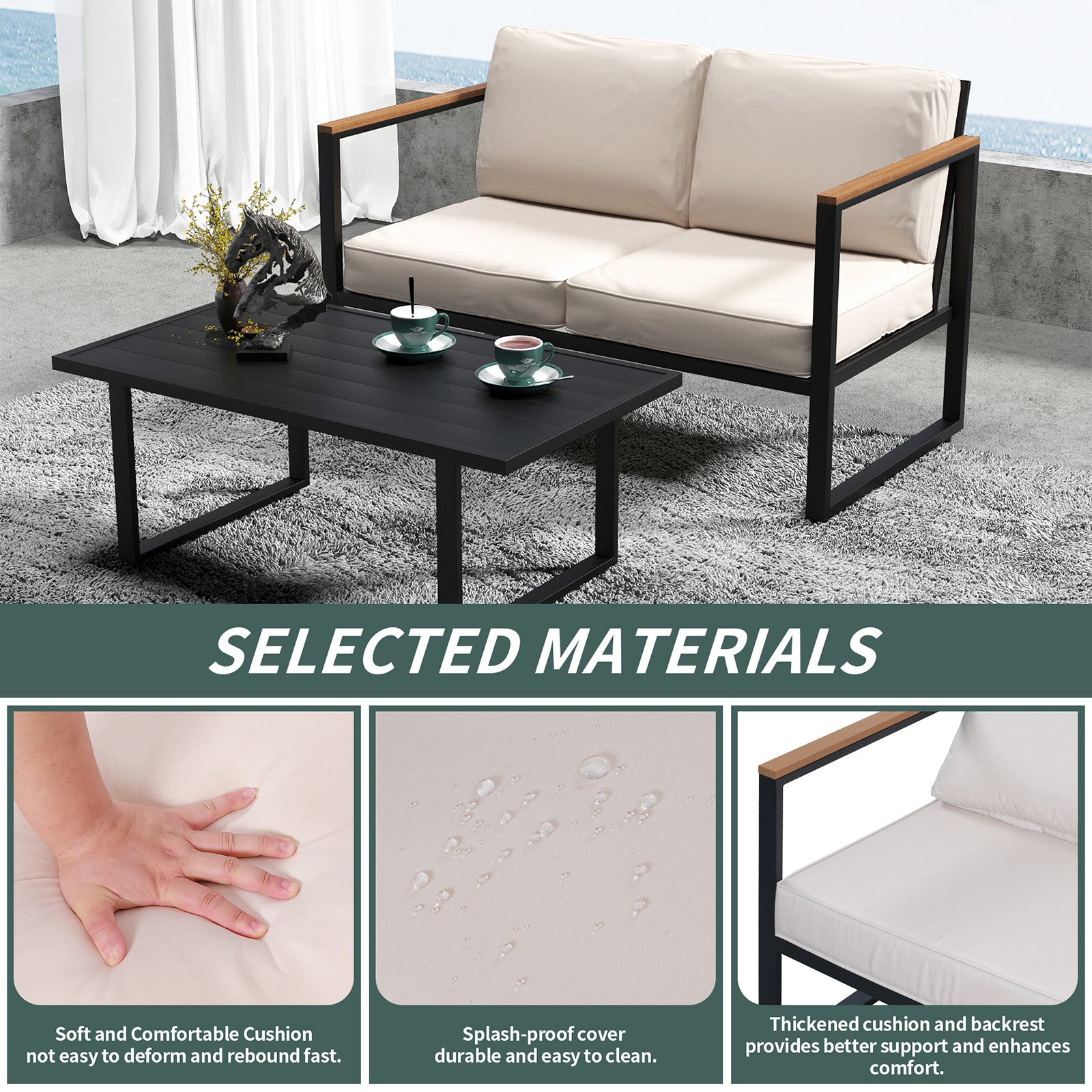GARVEE 4-Piece Outdoor Patio Furniture Set - All-Weather Metal Conversation Set with Loveseat, 2 Chairs & Coffee Table - Thick Cushioned Seating for Porch, Deck, Garden, Balcony, Bistro (Black & Beige) - Perfect for Backyard Relaxation, Outdoor Entertaining & Coffee Mornings