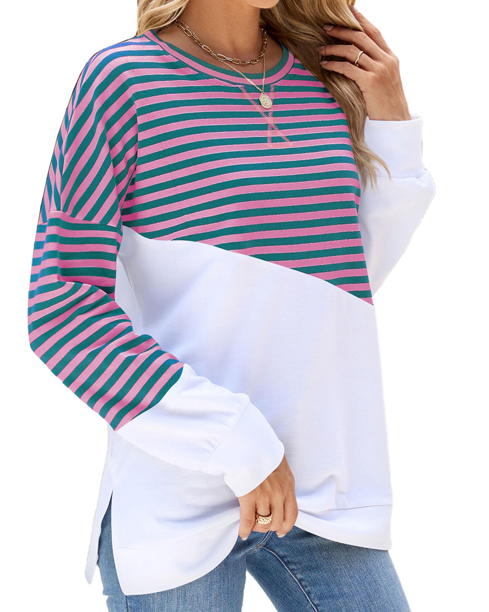 Fashionme Women's 2025 Striped Color Block Tunic Top with Side Slits - Long Sleeve Crewneck Loose Fit Casual T-Shirt Sweatshirt for Spring | Perfect for Work, Weekend Outfits & Layering