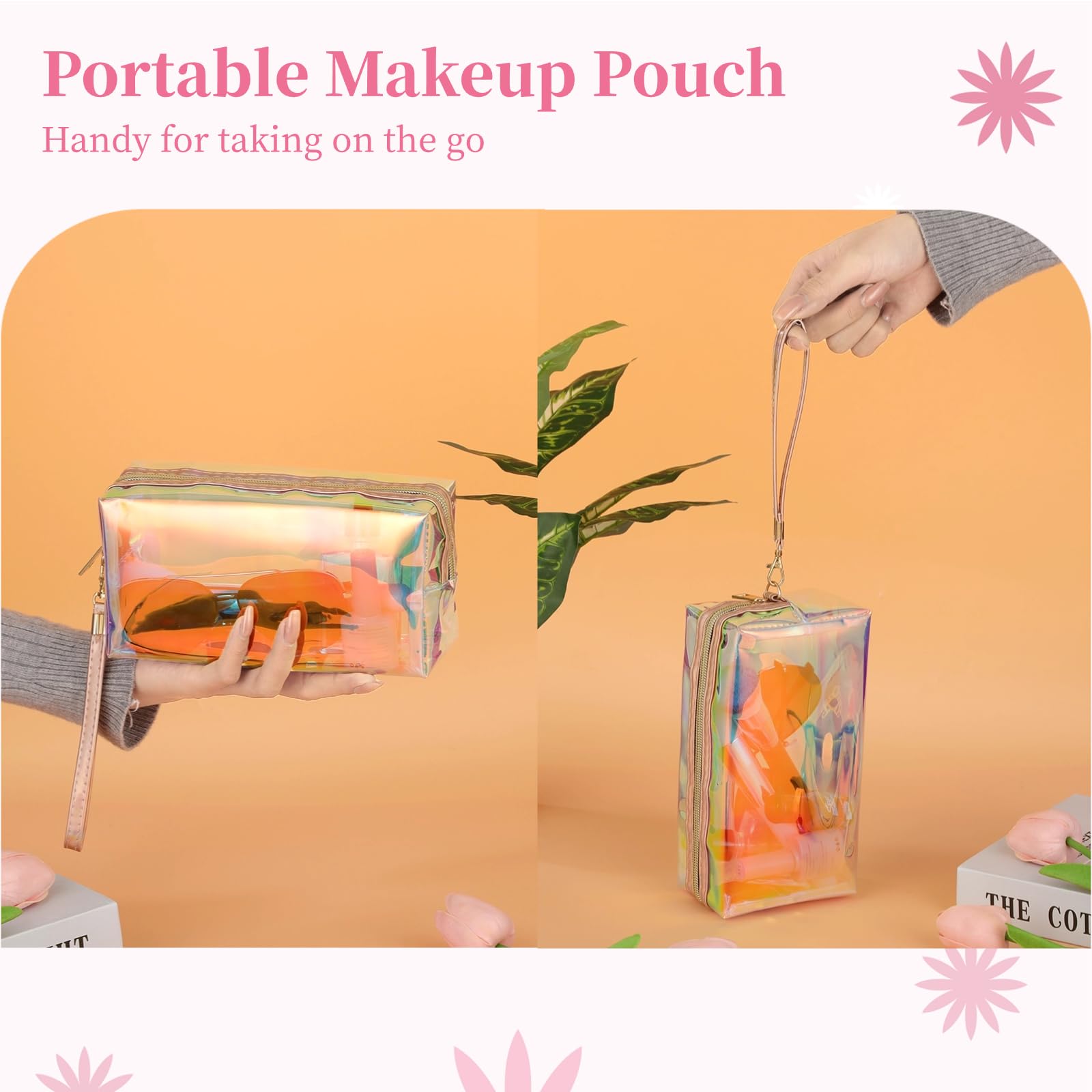 DIMEGON 8 Pcs Holographic Makeup Bags - Iridescent Clear Cosmetic Organizer with Zipper & Wrist Loop | Waterproof Travel Toiletry Pouch for Women | Perfect for Travel, Gym, Beach & Daily Makeup Storage