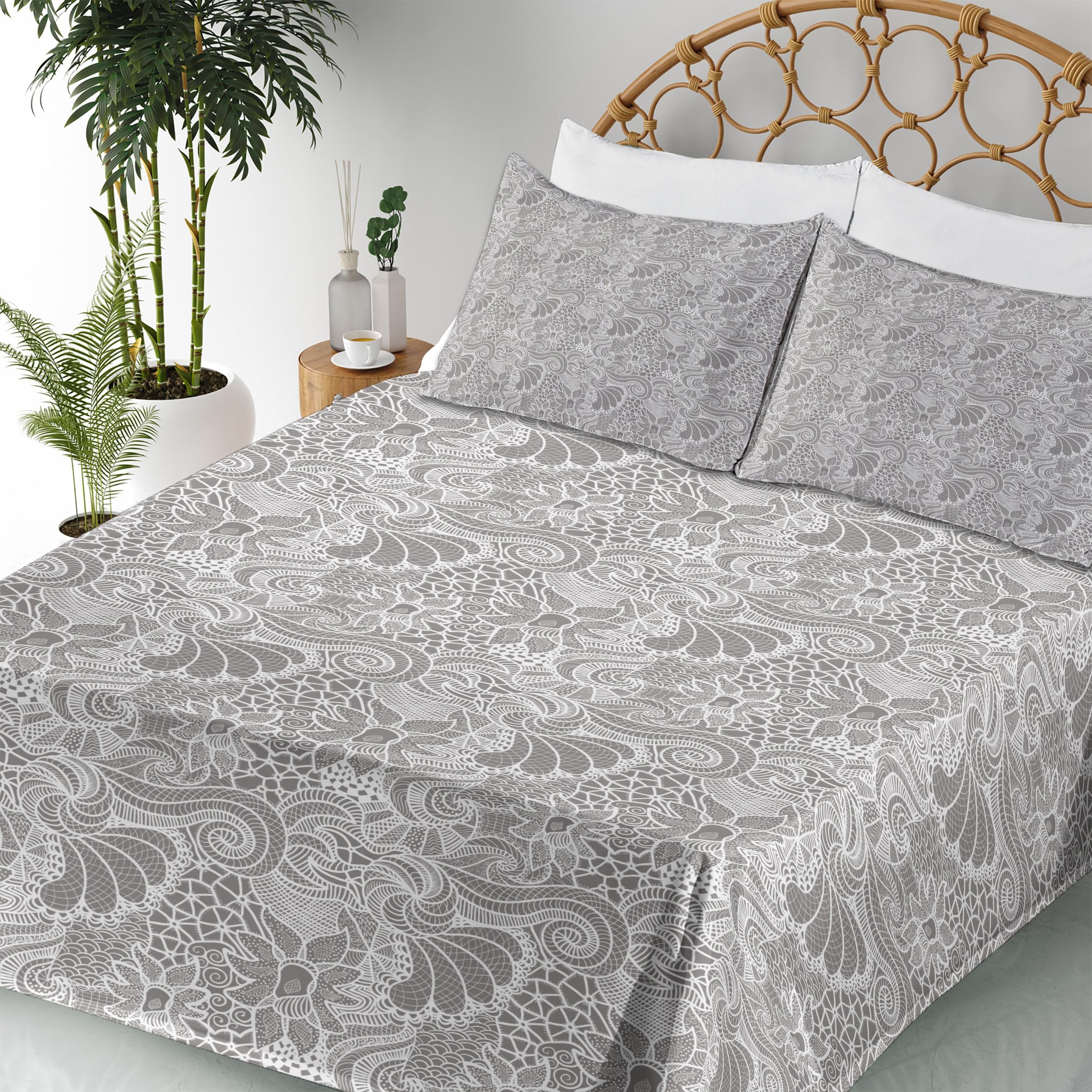 Ambesonne Floral Bed Sheet Set 4-Piece - King Size Grey & White Victorian Pattern with Fitted Sheet, Flat Sheet & Pillowcases | Classic Botanical Design for Master Bedroom, Guest Room or Vacation Home