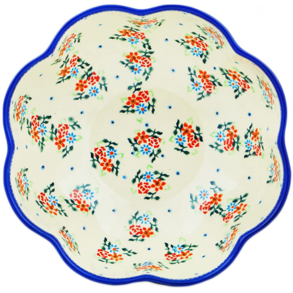 Authentic Polish Pottery 10.25-inch Scalloped Fluted Bowl - Handmade Burst of Spring Design with Certificate of Authenticity | Perfect for Serving, Home Decor & Gift Giving