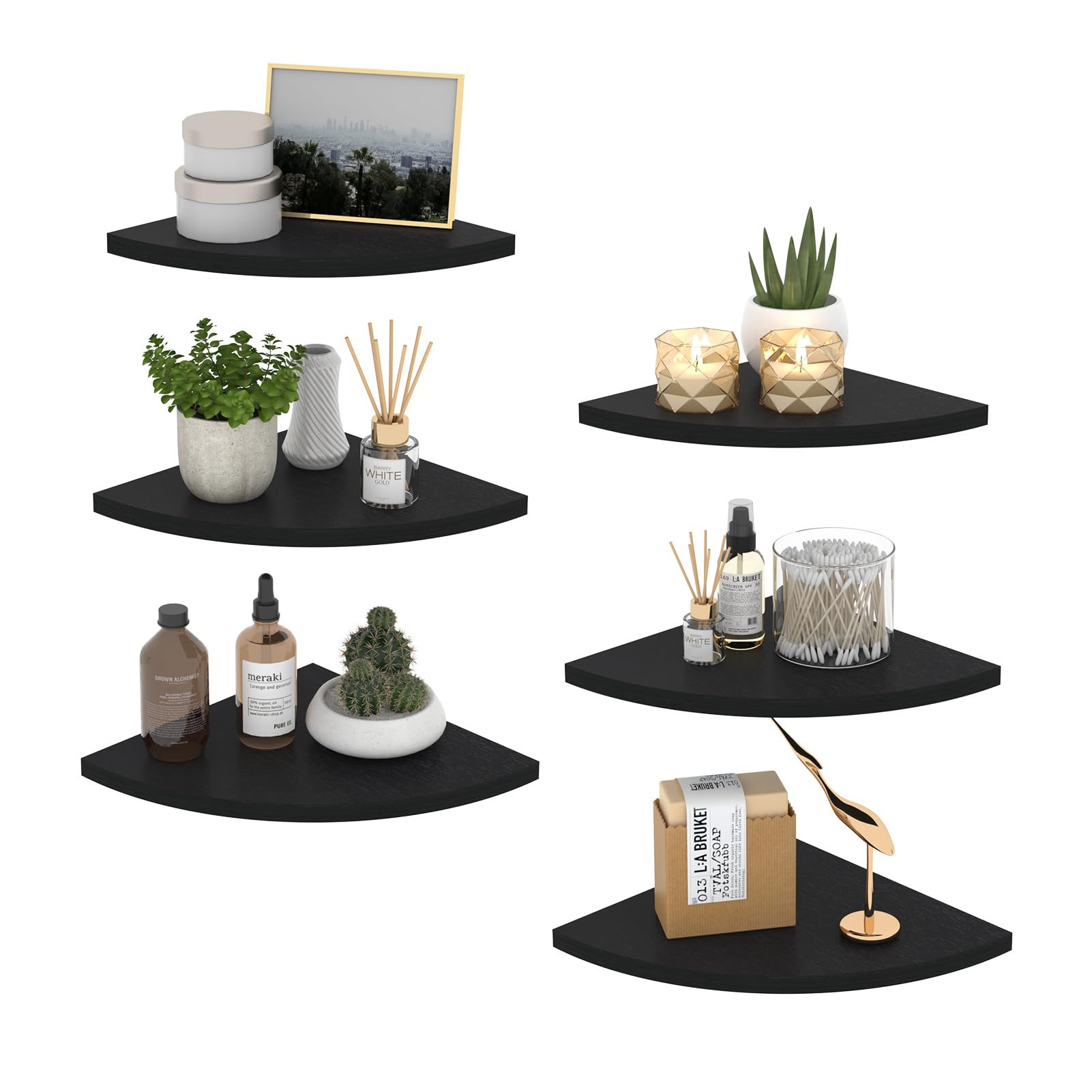 HORLIMER Set of 6 Floating Corner Shelves - Rustic Wood Wall Mounted Corner Shelves for Bedroom, Living Room, Bathroom & Kitchen - Black - Perfect for Small Space Organization & Home Decor