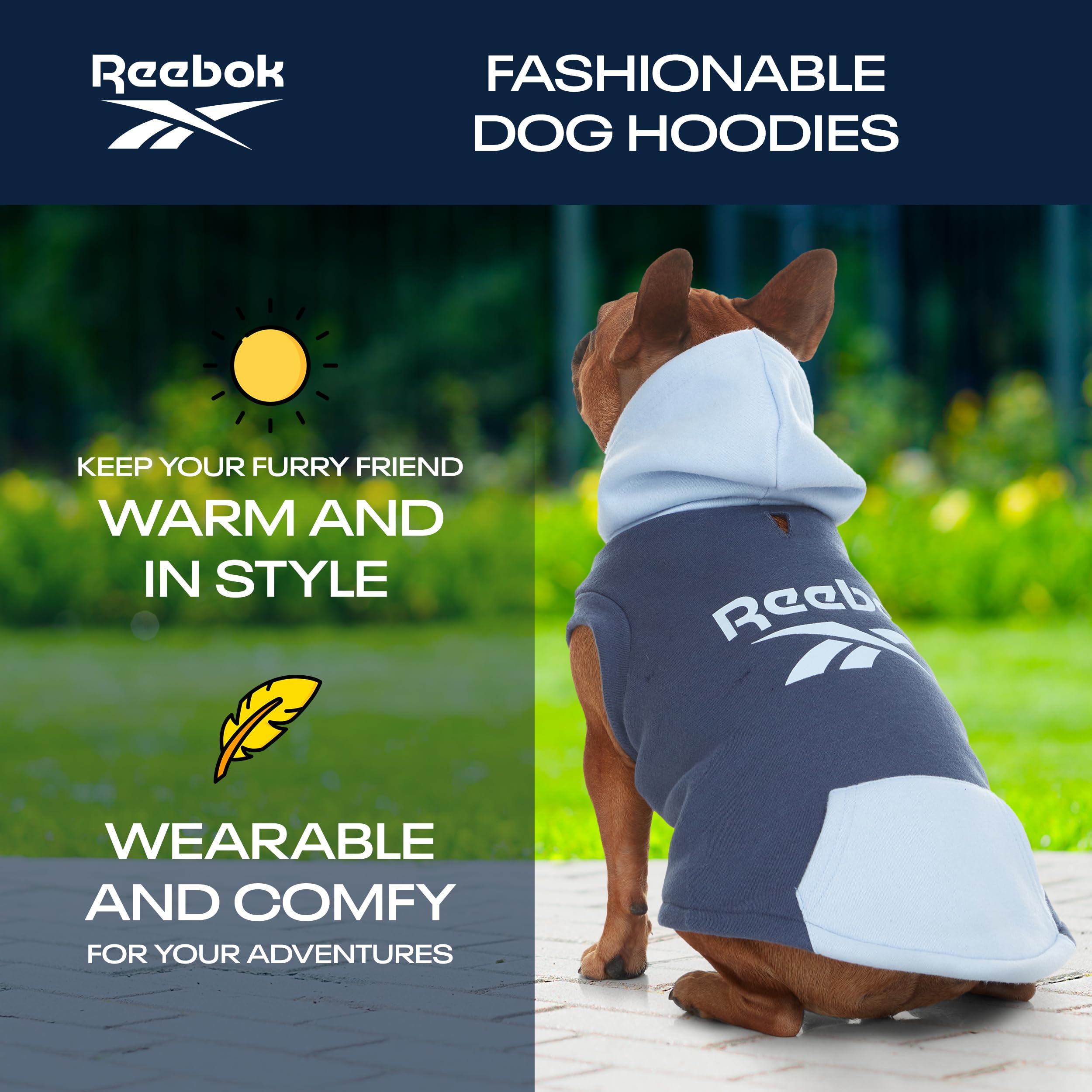 Reebok Fleece Dog Hoodie with Leash Hole - Warm Winter Dog Sweater for Small, Medium & Large Dogs | Cozy Pullover Hooded Sweatshirt for Fall & Christmas Outfits | Perfect for Cold Weather Walks & Holiday Photos