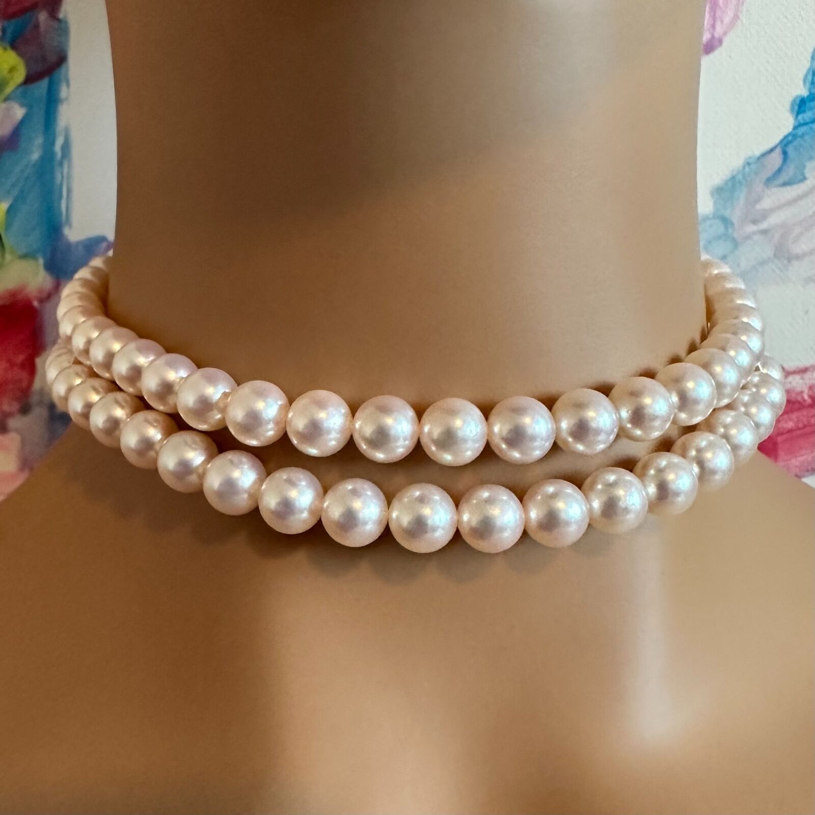 Authentic Mikimoto 18k Yellow Gold Diamond Double Strand 8mm Pearl Necklace - Elegant Jewelry for Weddings, Anniversaries & Special Occasions