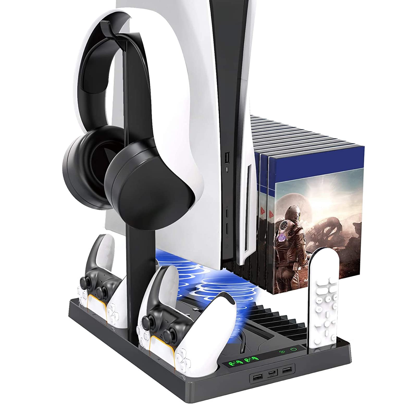 Goshyda Vertical Cooling Fan Stand for PS5 Digital Edition - Dual Controller Charger, 2 Silent Cooling Fans, Game Storage Slot - Perfect for Gaming Sessions & Console Protection