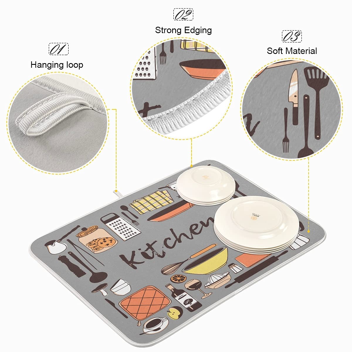Microfiber Dish Drying Mat 18x24 - Grey Reversible for Kitchen Counter | Fast Absorbent Dishes Pad for Drain Rack & Counter Protection