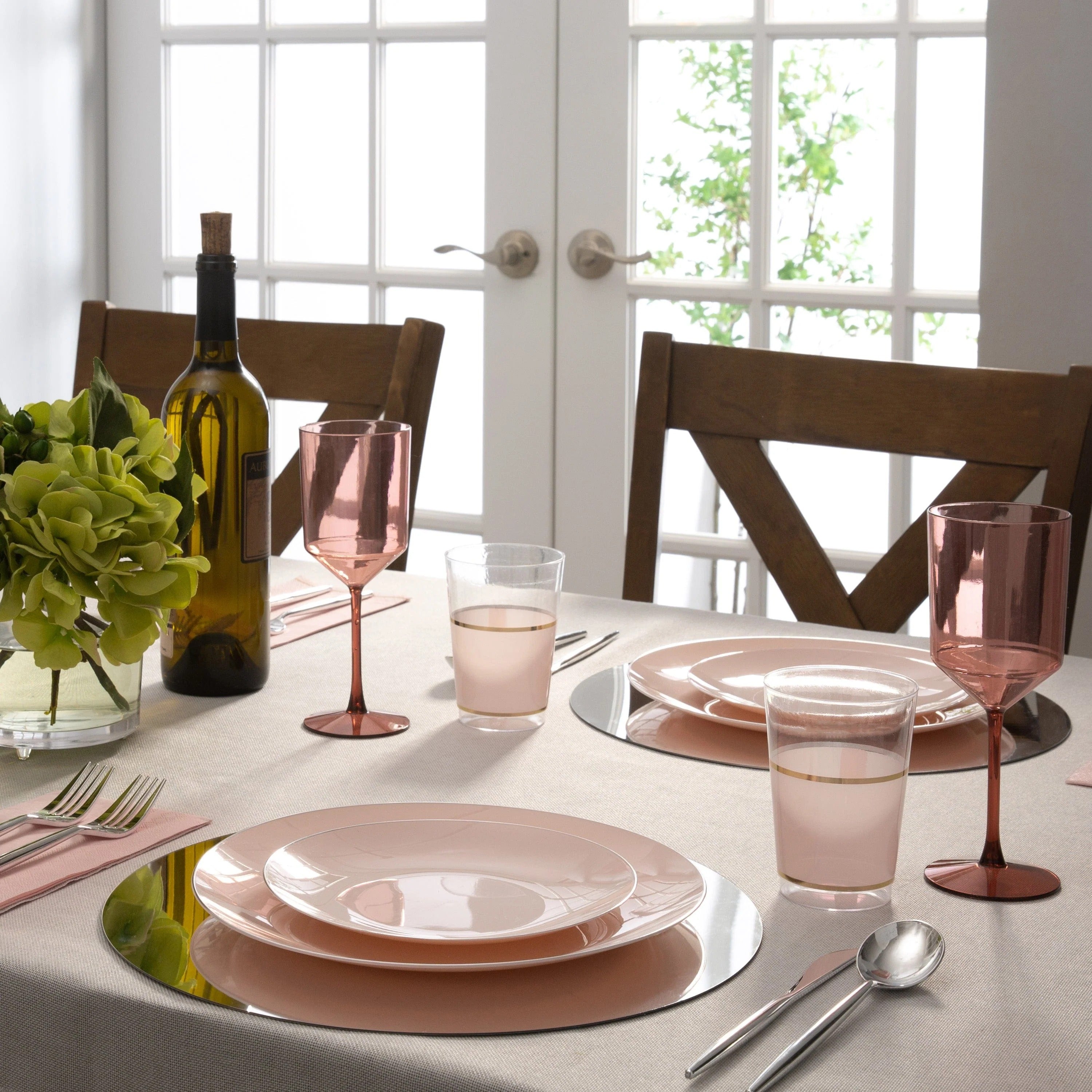 Eco-Friendly Round Plastic Plates - Blush Pink with Silver Rim | Perfect for Parties, Picnics & Everyday Dining | BPA-Free & Durable Disposable Tableware
