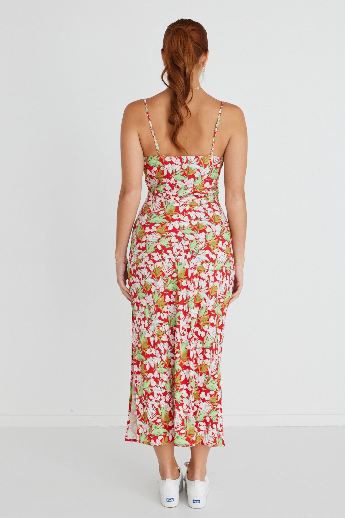 Rapture Red Tropical Strappy Mock Wrap Midi Dress - Flowy Summer Dress for Women, Beach Vacation Outfit, Party Wear & Date Night Dress