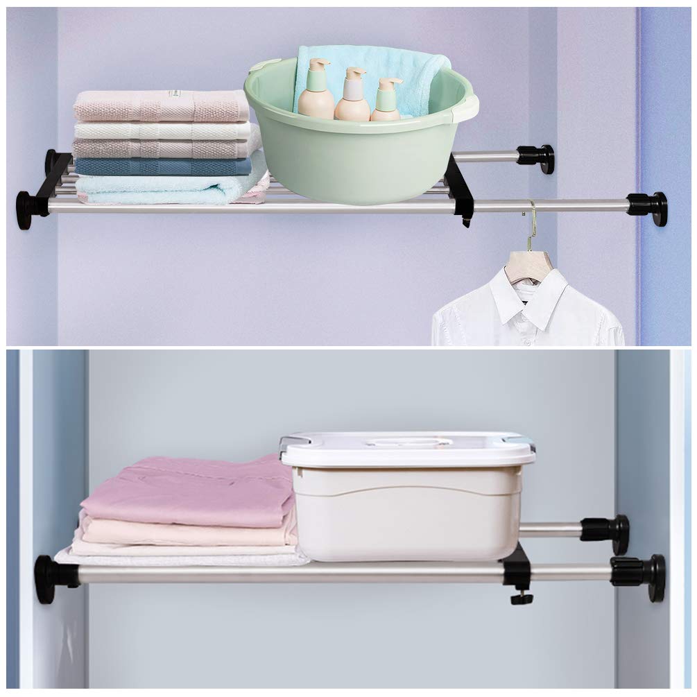 BAOYOUNI Expandable Shelf Closet Tension Rod - Adjustable Storage Rack Organizer with Space Saving Design for Wardrobe, Cupboard, Kitchen & Bathroom - Black | Perfect for Small Spaces, Closet Organization & Home Storage Solutions