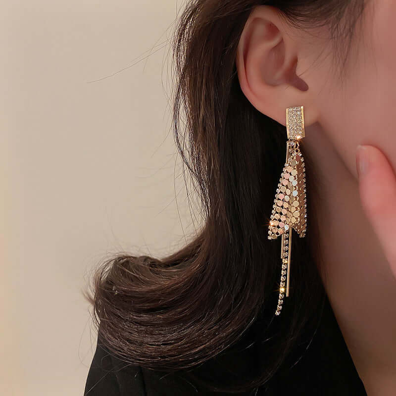 2 Way Bling Sequin Fish Tail Tassel Earrings for Women | HE7994 | Fashion Jewelry for Party, Wedding & Special Occasions