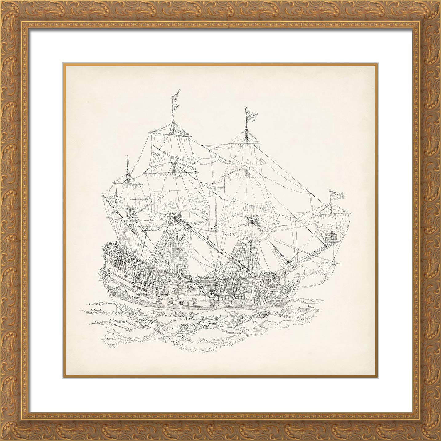 Foust Richard 28x28 Large Gold Ornate Frame with Double Matted Museum Art Print - Antique Ship Sketch IX - Perfect for Living Room, Office & Nautical Decor