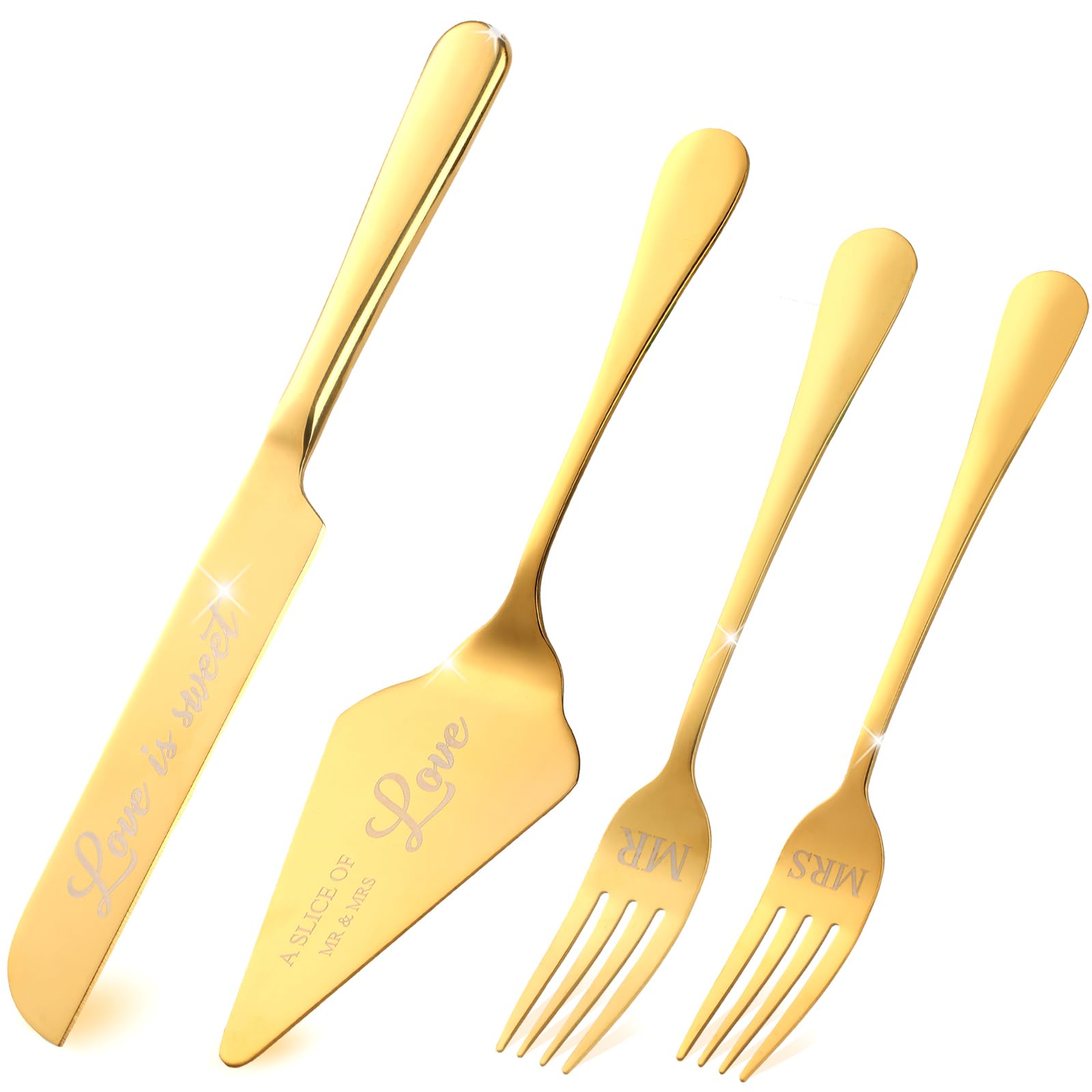 Elegant 4-Piece Wedding Cake Knife & Server Set with Forks - Gold Mr & Mrs Cake Cutting Set for Bride & Groom - Perfect for Bridal Showers, Engagements, Anniversaries & Birthday Gifts - Ideal for Wedding Ceremonies, Receptions & Romantic Celebrations
