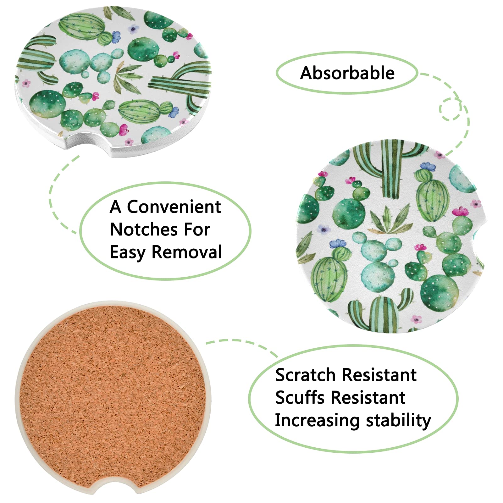 2-Pack Cactus Flower Car Coasters - Absorbent Ceramic Cup Holder for Drinks | Non-Slip Car Accessories for Men & Women (2.56in) | Perfect for Road Trips, Commuting & Office Use