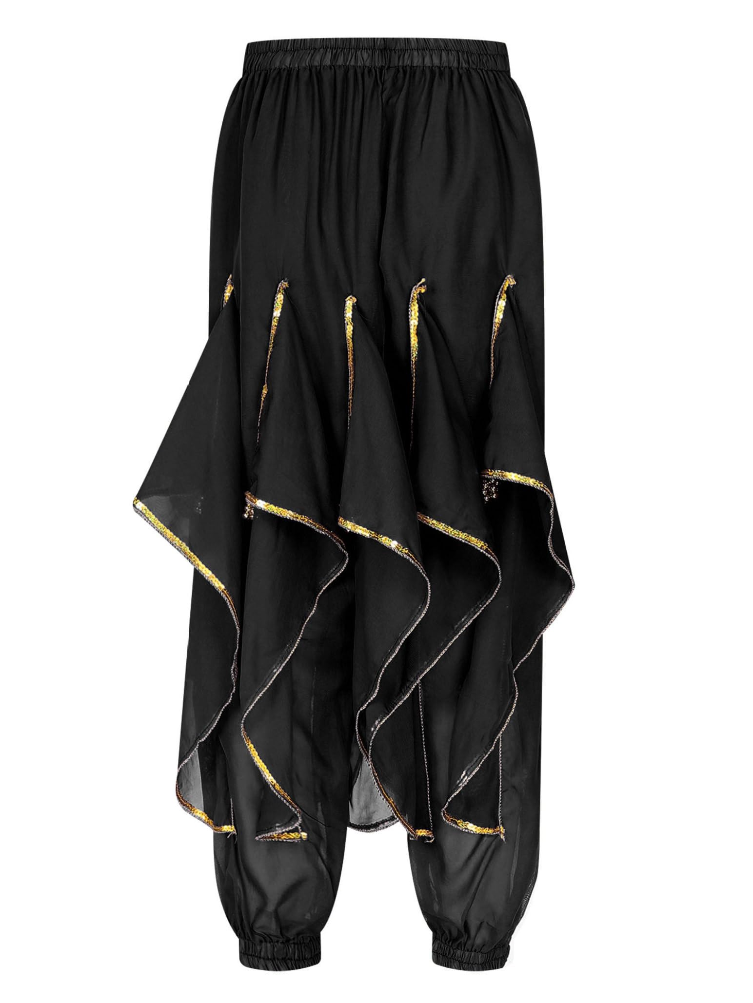Women's Belly Dance Costume - Ruffle Harem Pants with Gold Trim for Tribal Arabic & Halloween Performances | Perfect for Dance Shows, Cosplay & Themed Parties