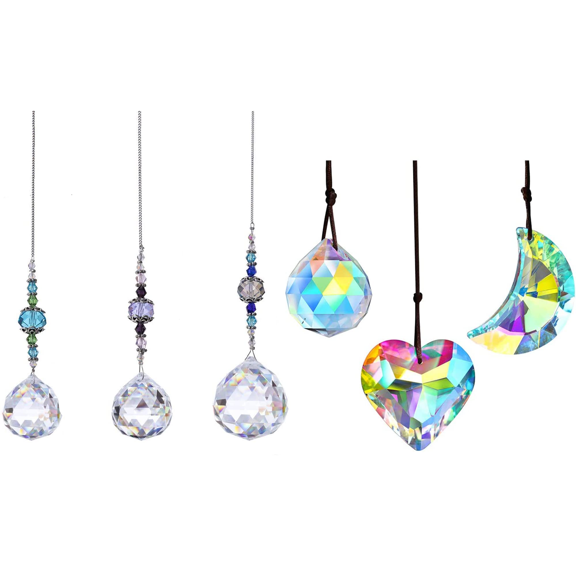 H&D HYALINE & DORA Crystal Prism Ball Rainbow Maker - Pack of 6 (3x2) Glass Sun Catchers with Moon & Heart Pendants for Window Decor, Room Decor, and Gift Giving - Create Beautiful Rainbows in Your Home